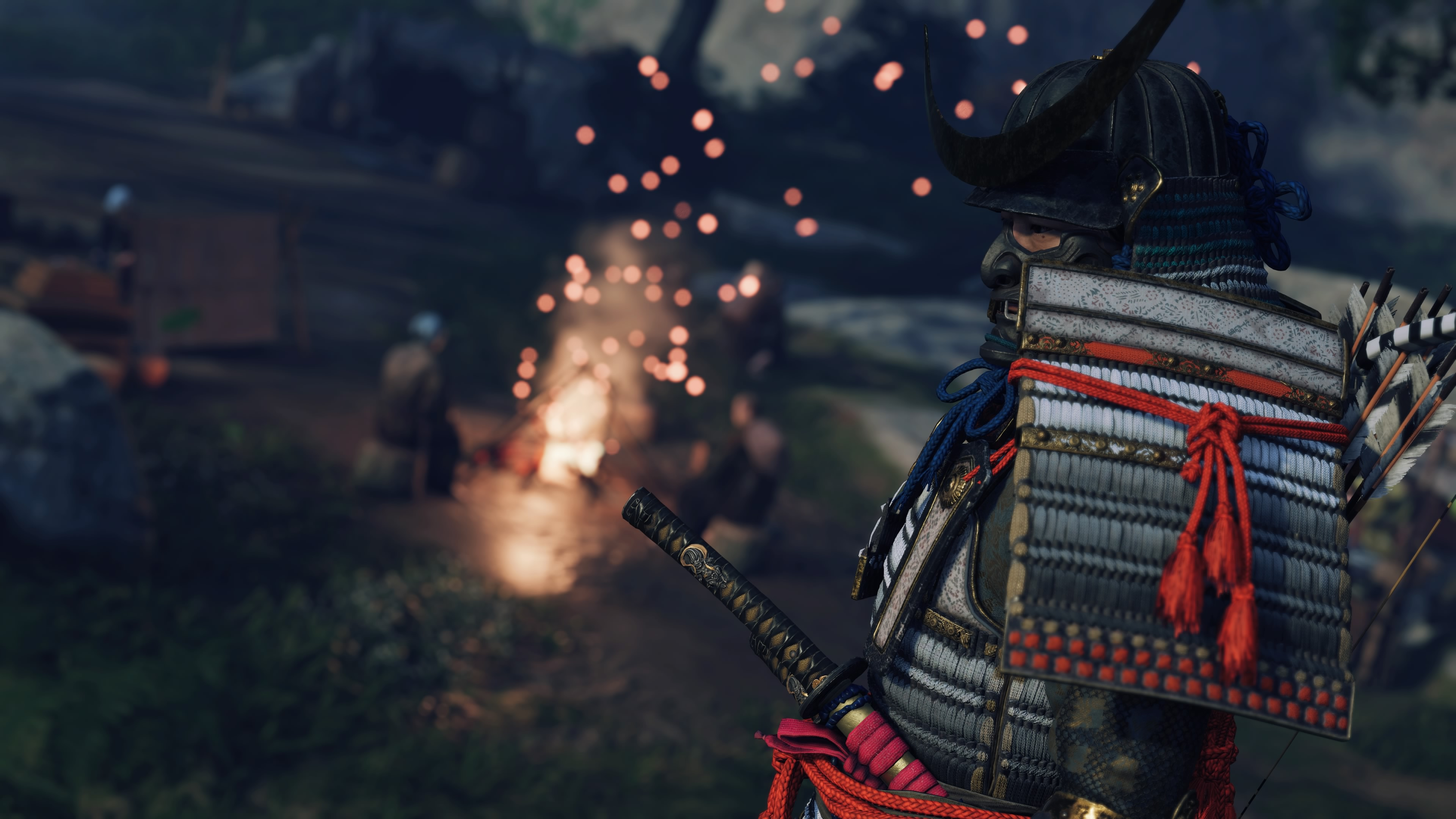 General 3840x2160 Ghost of Tsushima  samurai armor video game characters video games digital art CGI simple background minimalism blurred blurry background Sucker Punch Productions
