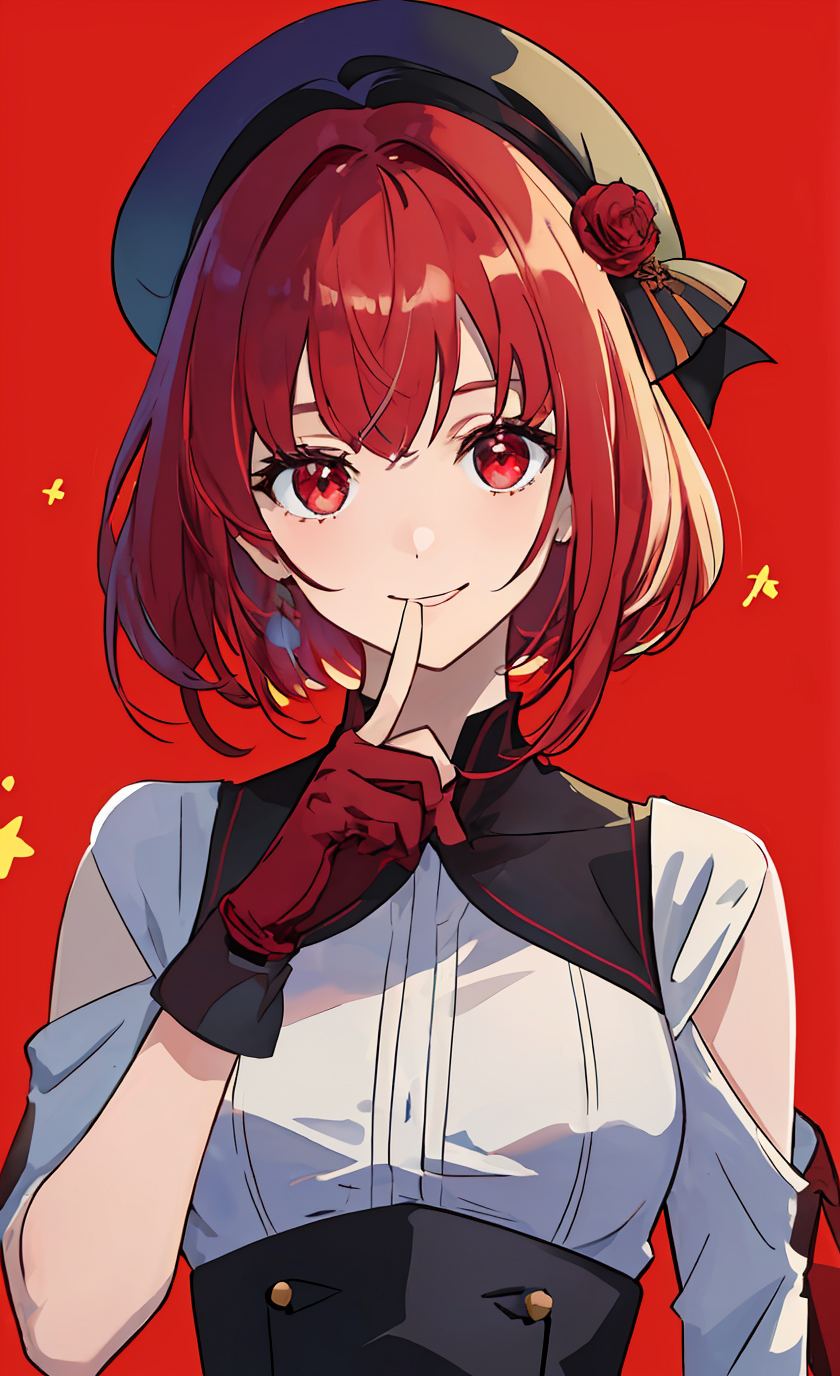 Anime 840x1376 Oshi no Ko anime girls AI art portrait display redhead short hair smiling finger on lips red eyes hat gloves looking at viewer red background simple background kana arima