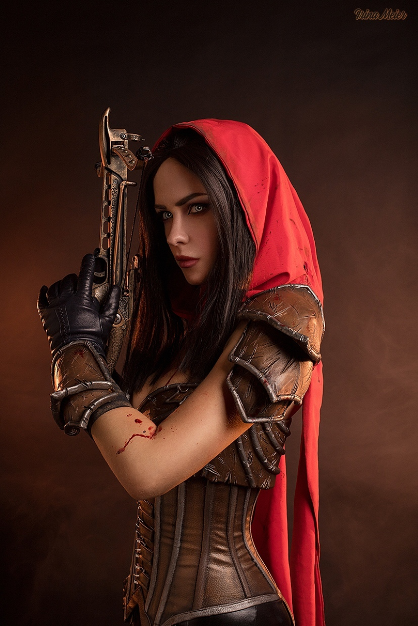 People 854x1280 Irina Meier cosplay Diablo Demon Hunter (Diablo) brunette corset cleavage cape weapon women