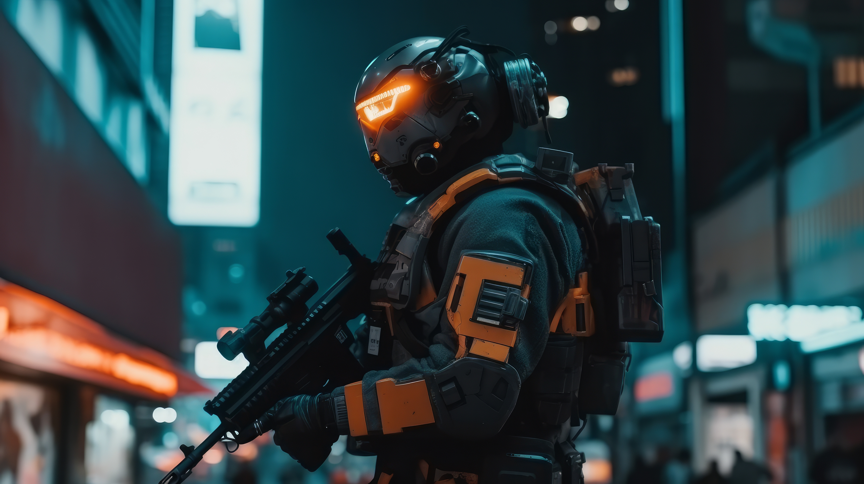 General 2912x1632 AI art soldier cyberpunk weapon science fiction city plants Asia gun blurry background