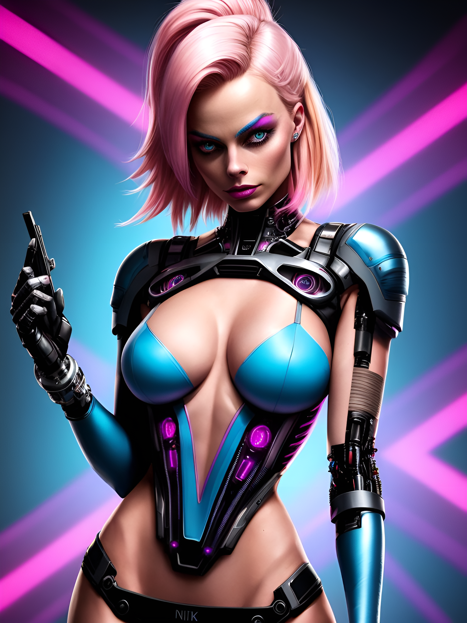 General 1536x2048 AI art Margot Robbie cyberpunk bra straps