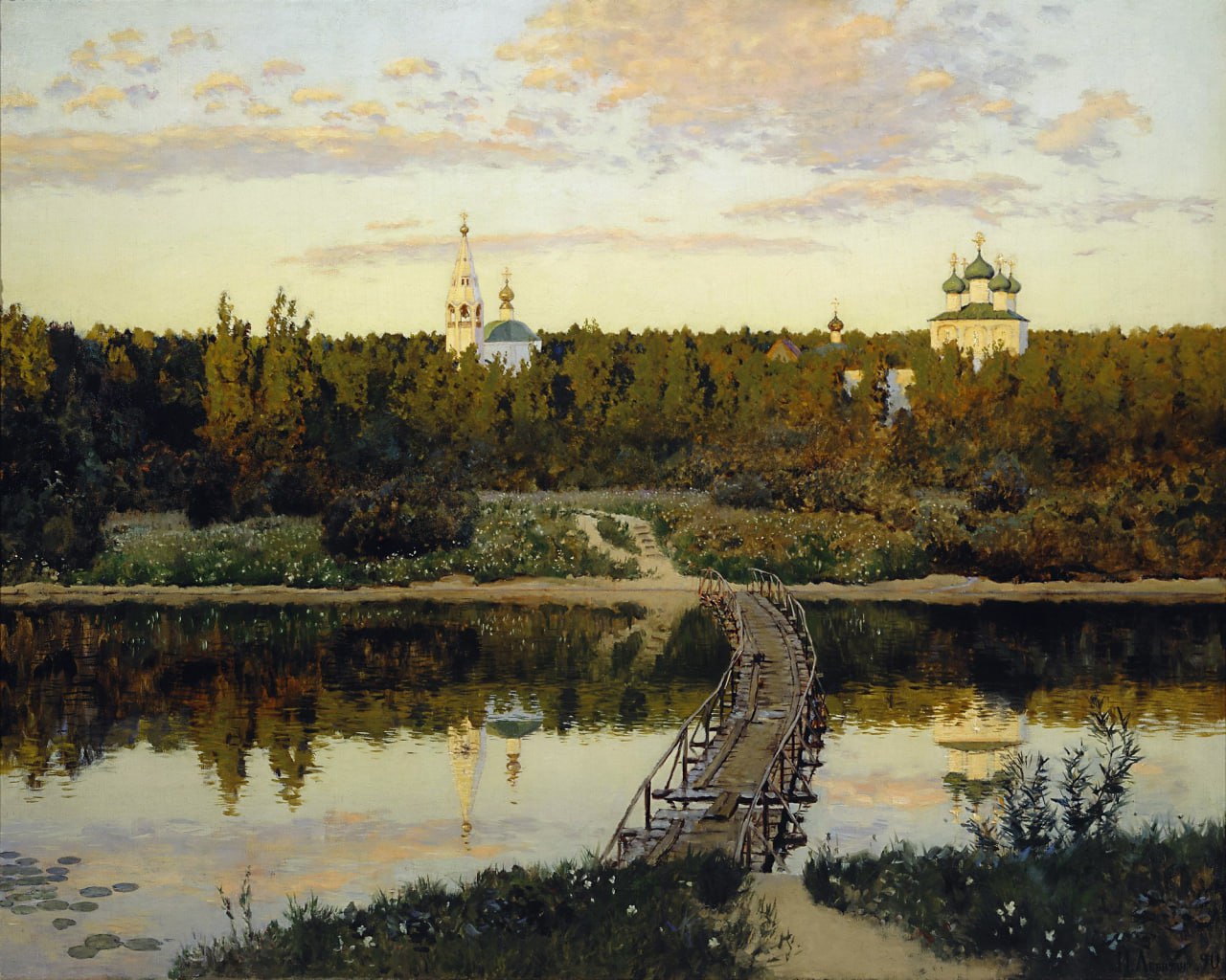 General 1280x1024 Isaac Ilyich Levitan traditional art water clouds sky artwork trees reflection nature bridge flowers