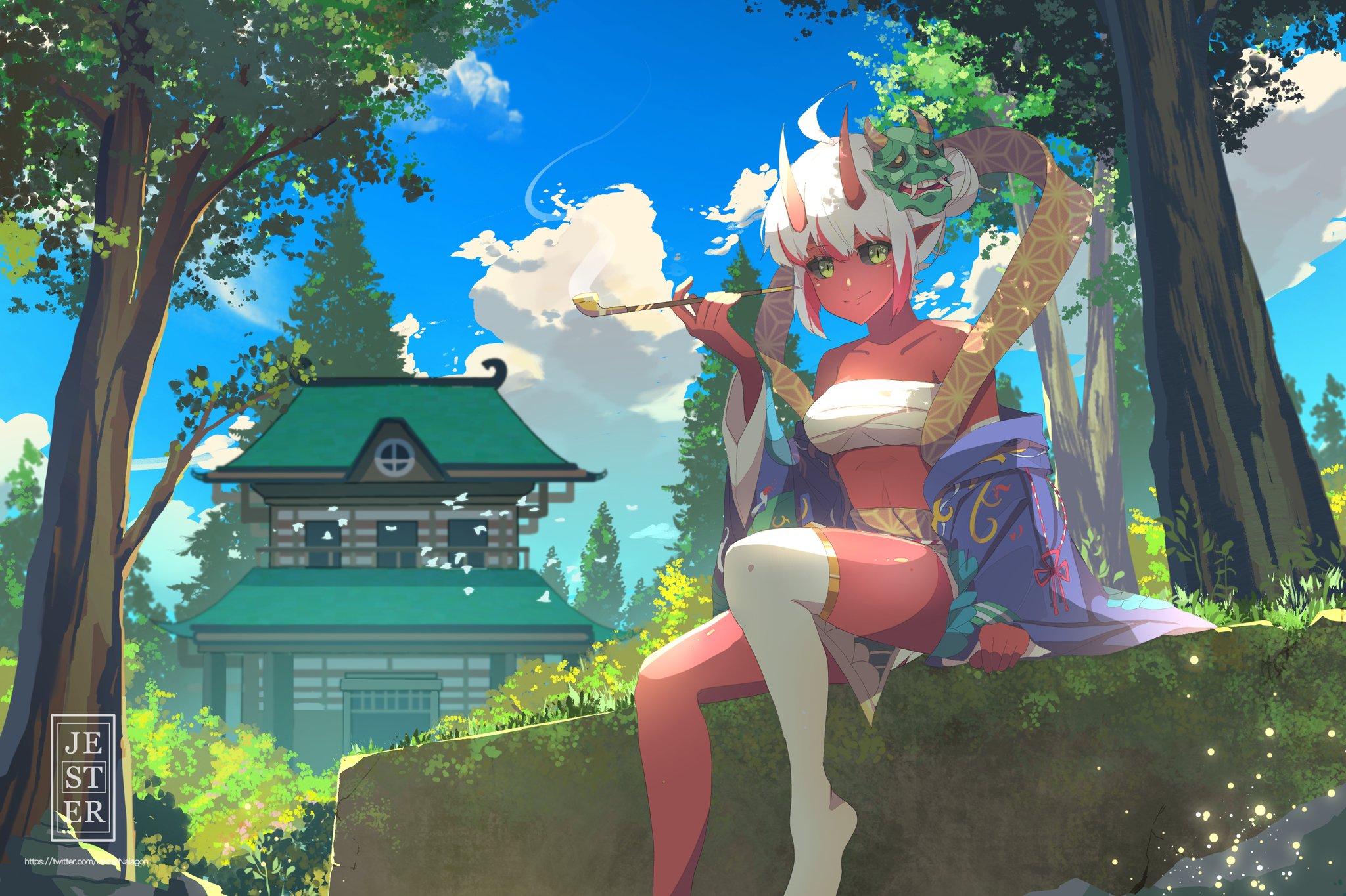 Anime 2048x1365 anime girls oni red skin smoking pipes horns mask kimono clouds pointy ears smiling looking at viewer trees two tone hair