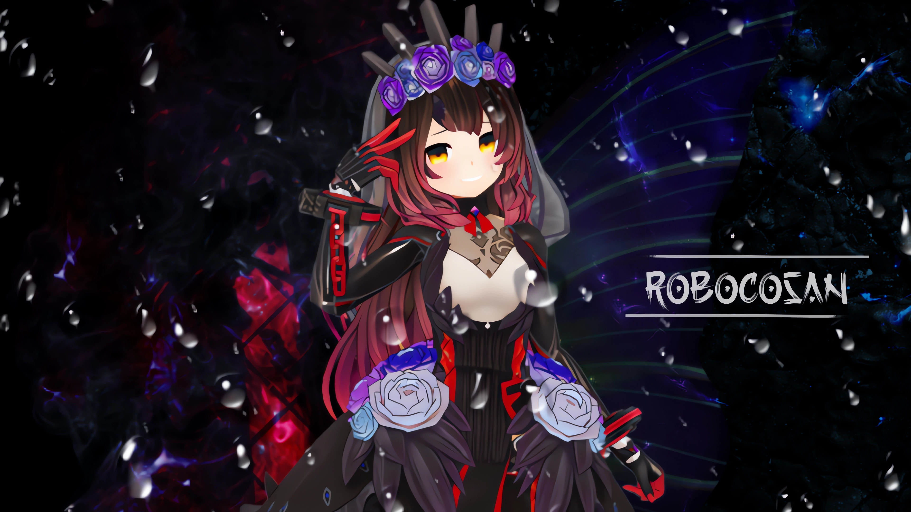 Anime 3840x2160 anime girls Roboco-San Hololive looking at viewer smiling simple background gradient hair long hair standing water drops parted lips brown eyes Virtual Youtuber rose