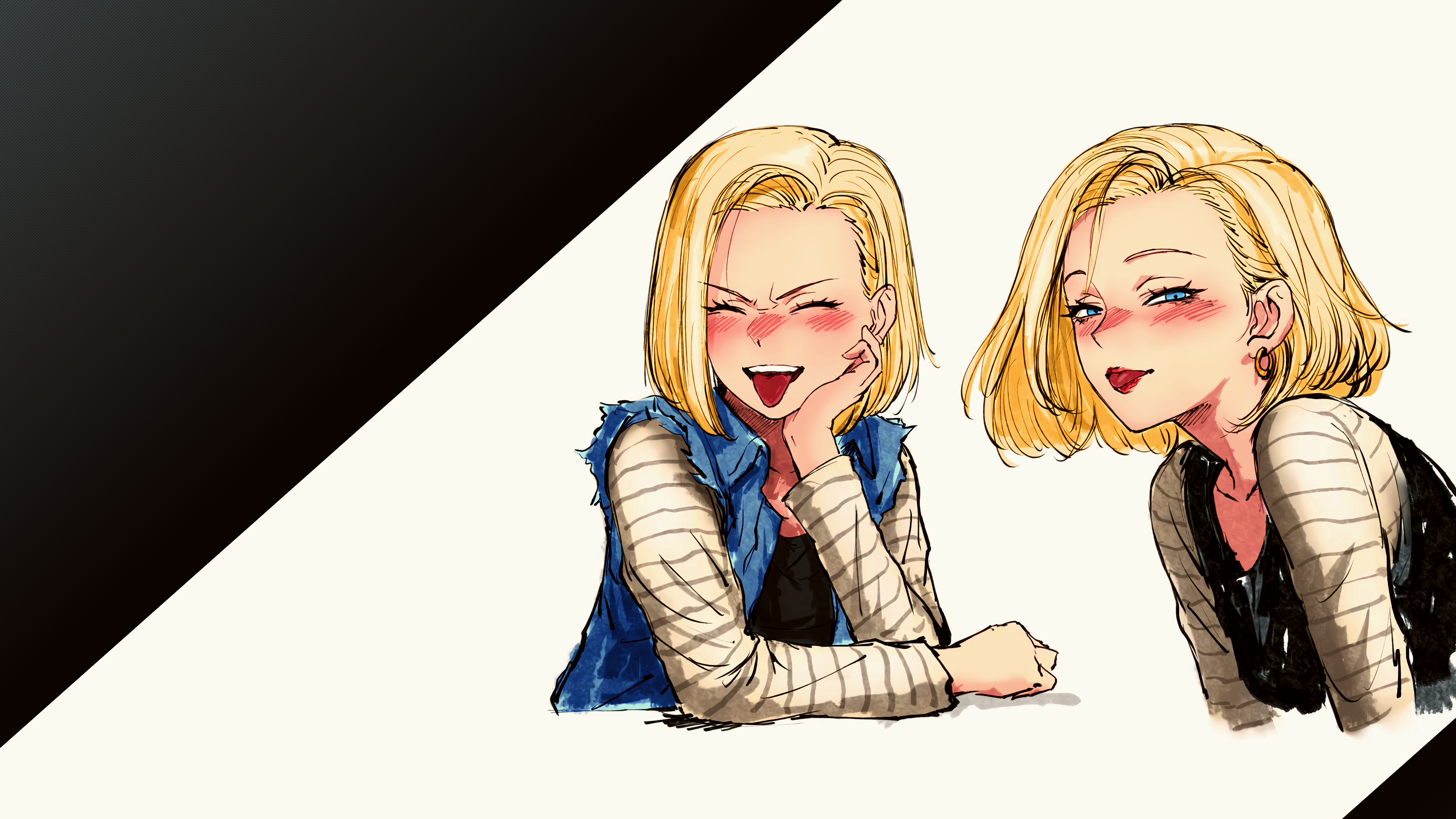 Anime 3840x2160 Dragon Ball Dragon Ball Z Android 18 blonde blushing denim denim jacket tongue out smiling long sleeves sweater black shirt shirt defined collarbone blue eyes anime girls looking at viewer gradient simple background face tongues collarbone shoulder length hair teeth black