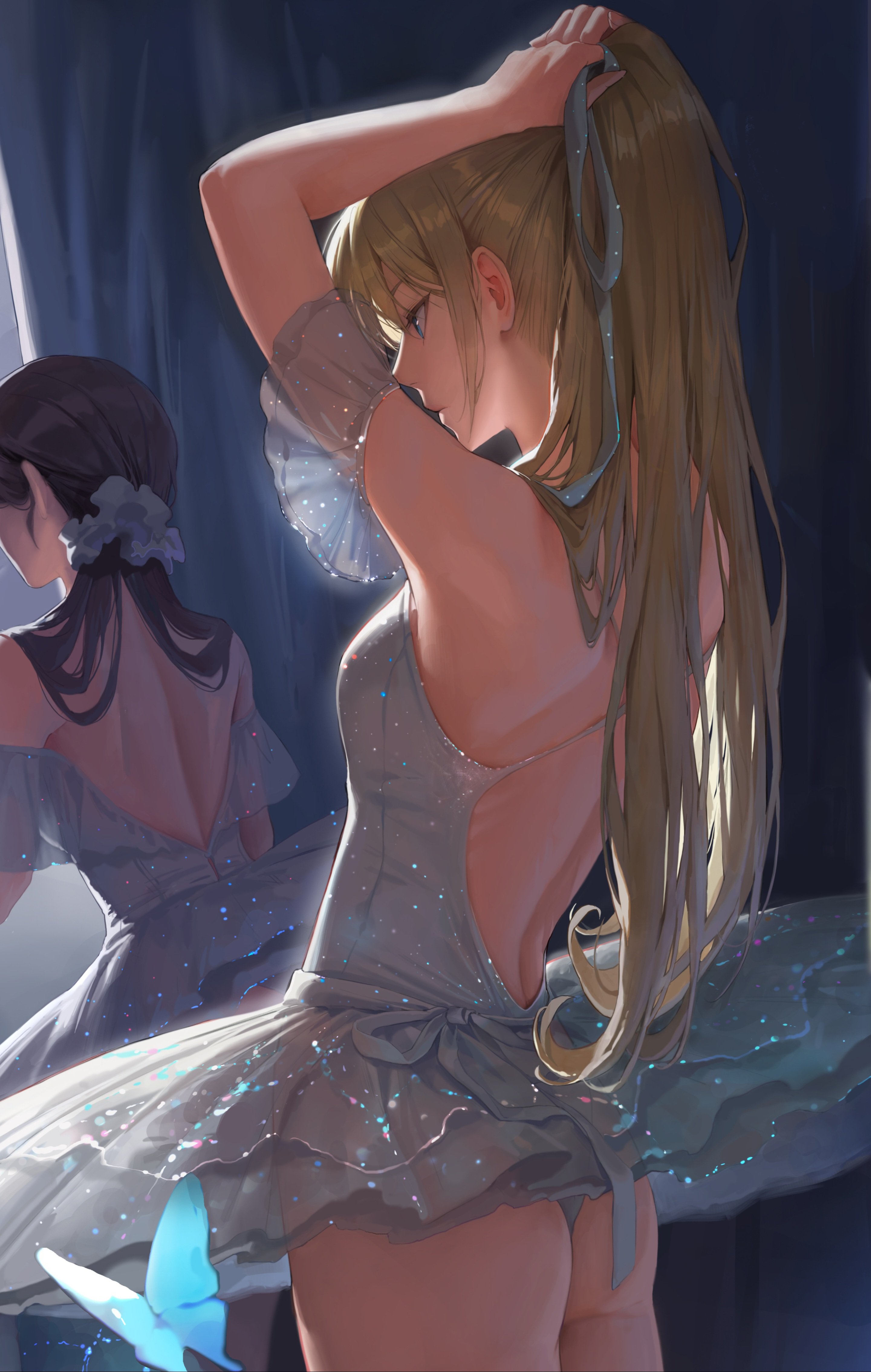 Anime 2881x4538 Bangsom anime girls portrait display standing Blue Butterflies long hair two women hair ribbon bare shoulders back tutu women indoors shiny clothing butterfly ass looking sideways black hair ponytail blue eyes bareback blonde closed mouth