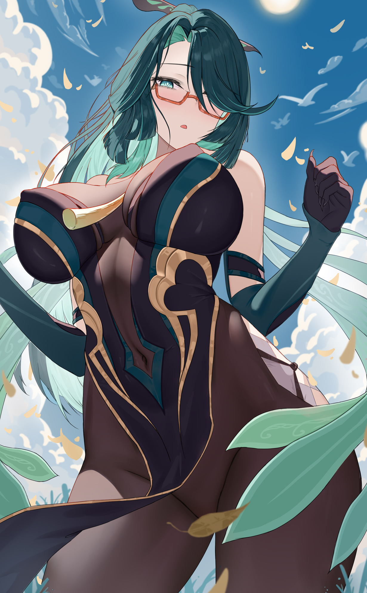 Anime 1230x1984 Genshin Impact green hair portrait display long hair Xianyun (Genshin Impact) looking at viewer leaves bodystocking aqua eyes Chinese dress red glasses hair over one eye Ningri huge breasts parted lips anime clouds sky anime girls wind glasses women with glasses