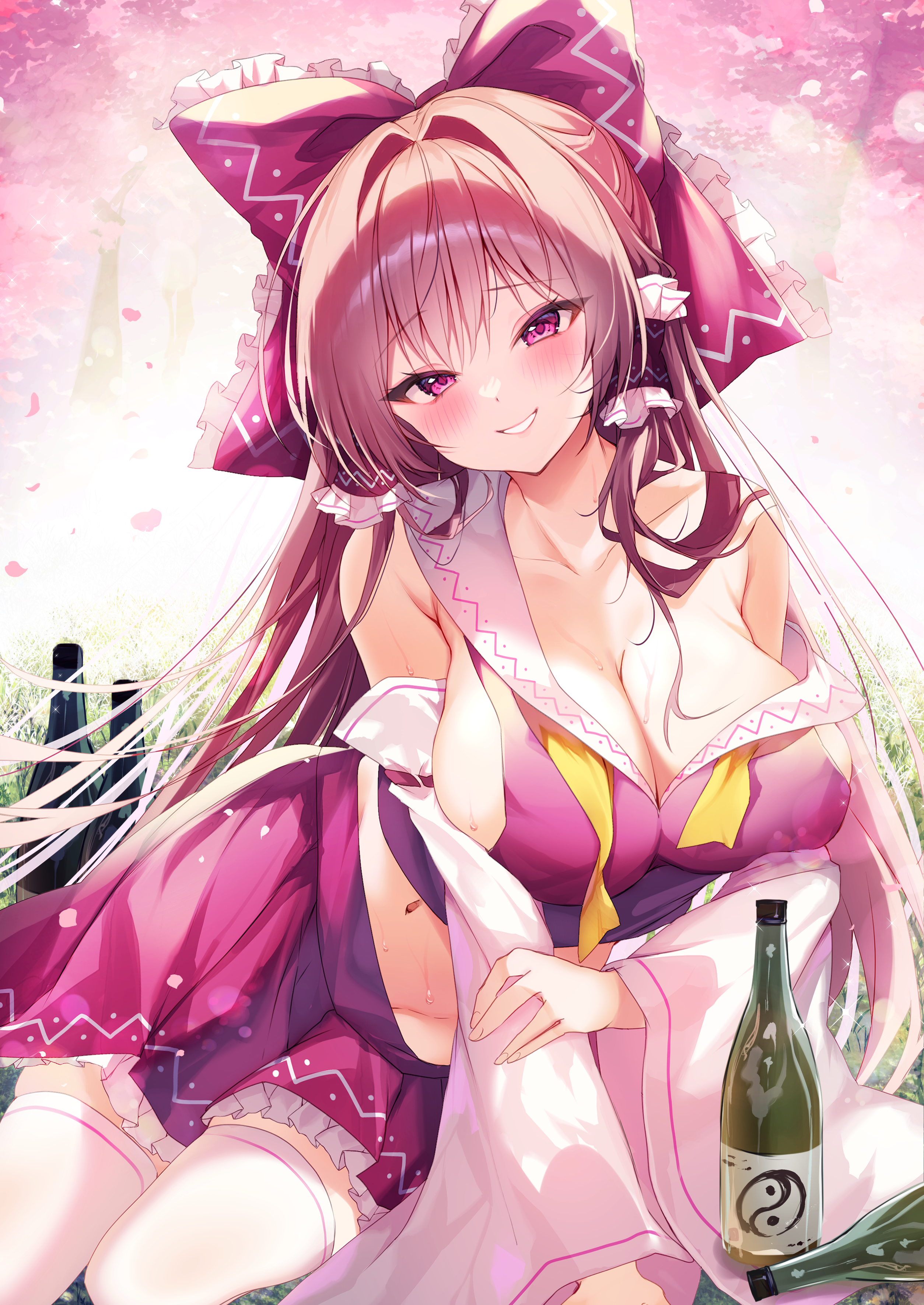 Anime 2508x3541 Touhou anime Pixiv Hakurei Reimu miko Nenovi looking at viewer hair between eyes smiling anime girls parted lips one bare shoulder blushing collarbone cleavage huge breasts thigh-highs white thigh highs bright purple eyes purple hair detached sleeves petals hair tubes sideboob skindentation belly button long hair glass bottle sparkles sidelocks off shoulder sweaty body wide sleeves long sleeves frills portrait display