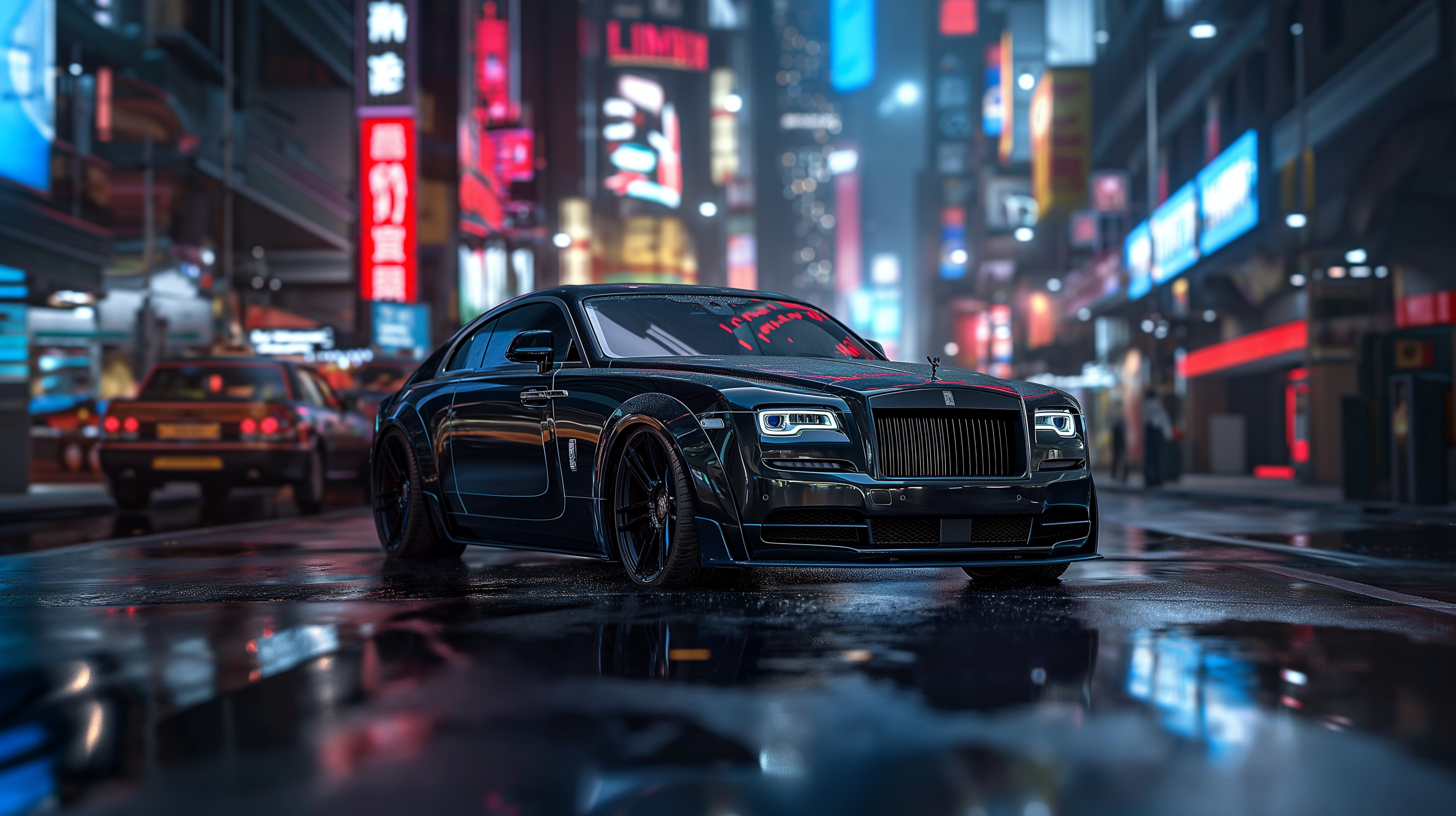 General 2912x1632 car Rolls Royce Wraith AI art cyberpunk frontal view headlights vehicle depth of field wet signs building city lights reflection taillights wet road