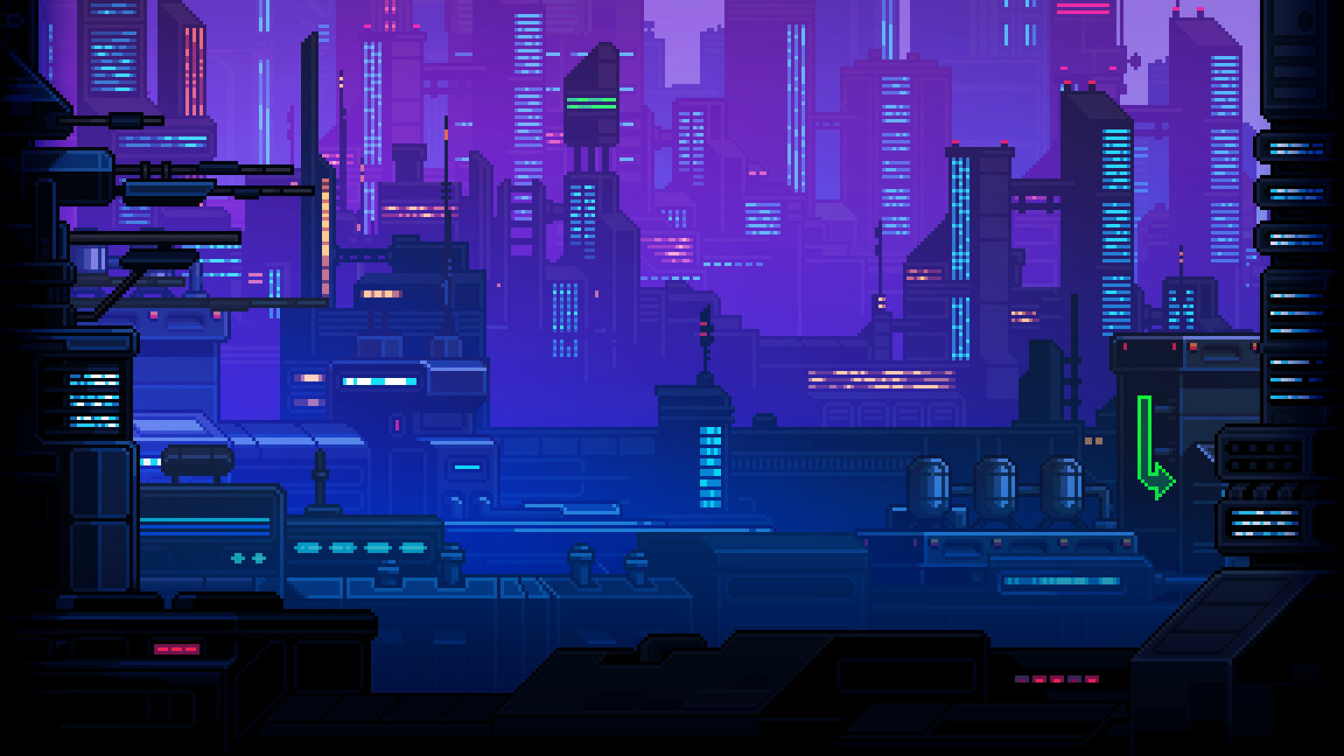 General 1920x1080 pixelated pixel art digital art cityscape building cyberpunk city futuristic city neon arrow (design)