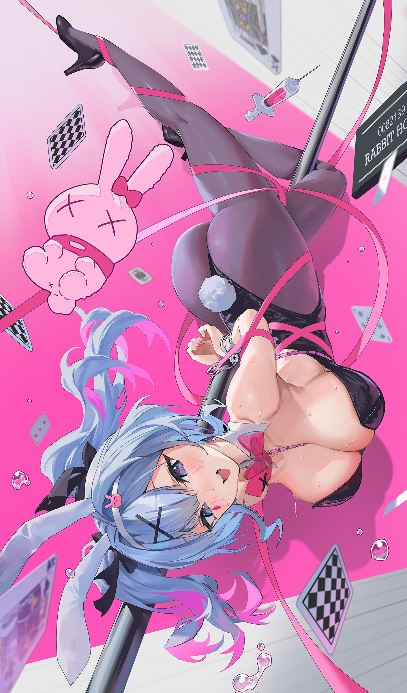 Anime 1411x2400 anime bunny ears big boobs blushing Mechamania anime girls looking at viewer ass portrait display Vocaloid Hatsune Miku pantyhose bunny tail bunny girl dancing poles upside down cleavage open mouth blue hair blue eyes sweat needles heels hair ornament headband handcuffs handcuffed cards water drops long hair