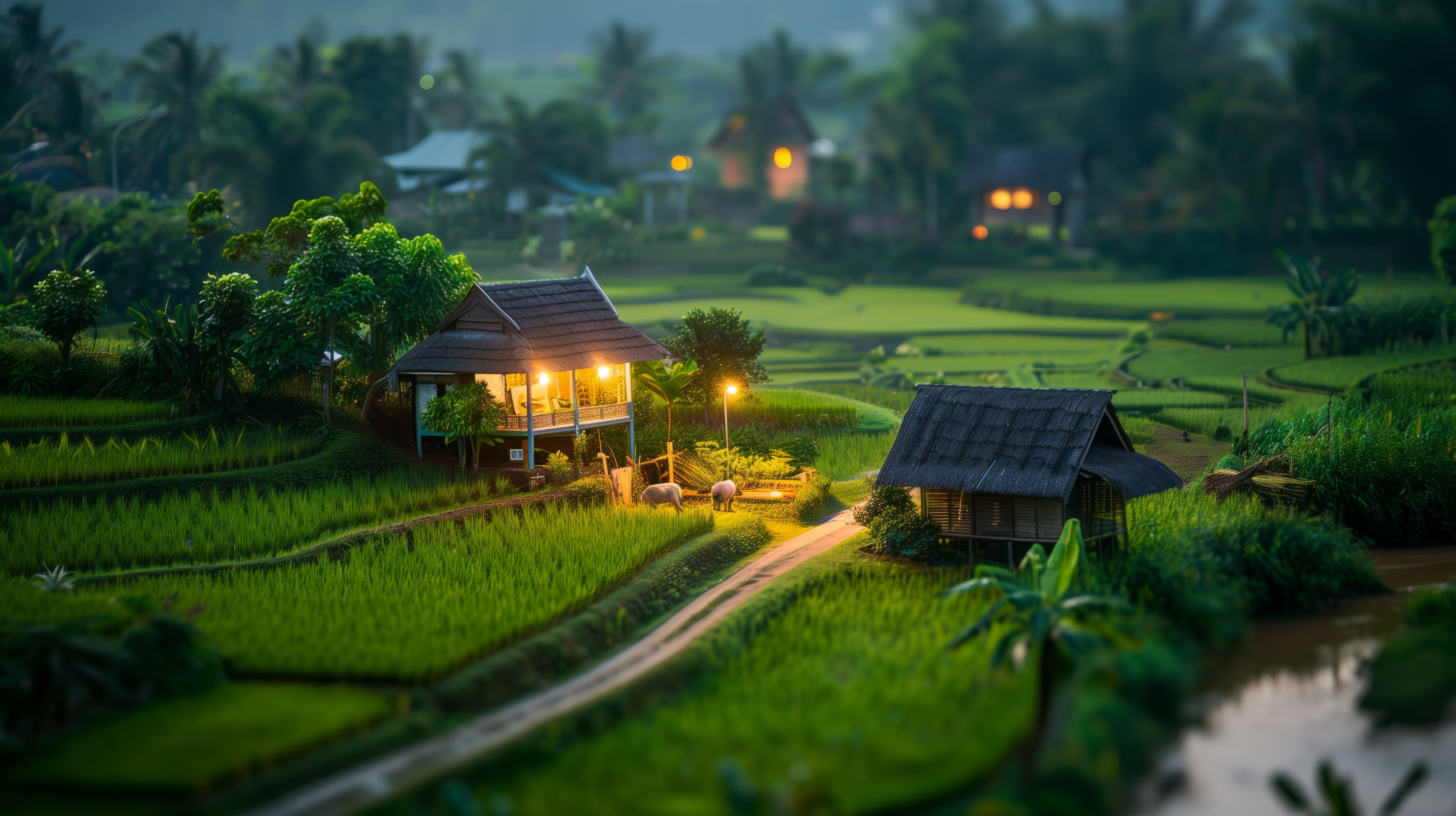 General 5824x3264 AI art tilt shift Asia rice fields miniature effect green depth of field grass path house landscape lights