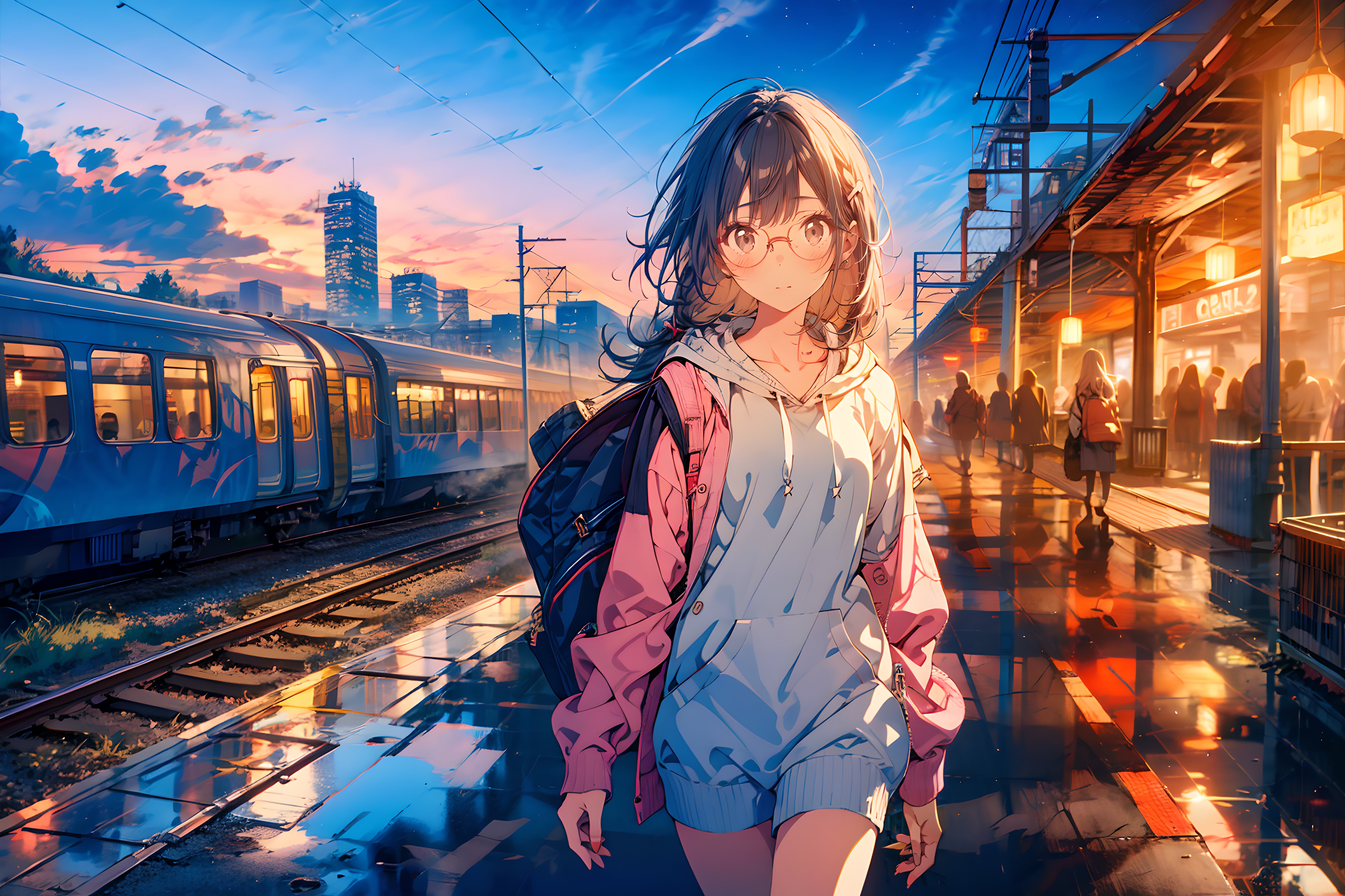 Anime 6144x4096 AI art train train station glasses backpacks hoods railway walking evening blushing women with glasses sky clouds looking at viewer collarbone long sleeves lights building legs closed mouth long hair power lines brunette anime girls pink jacket
