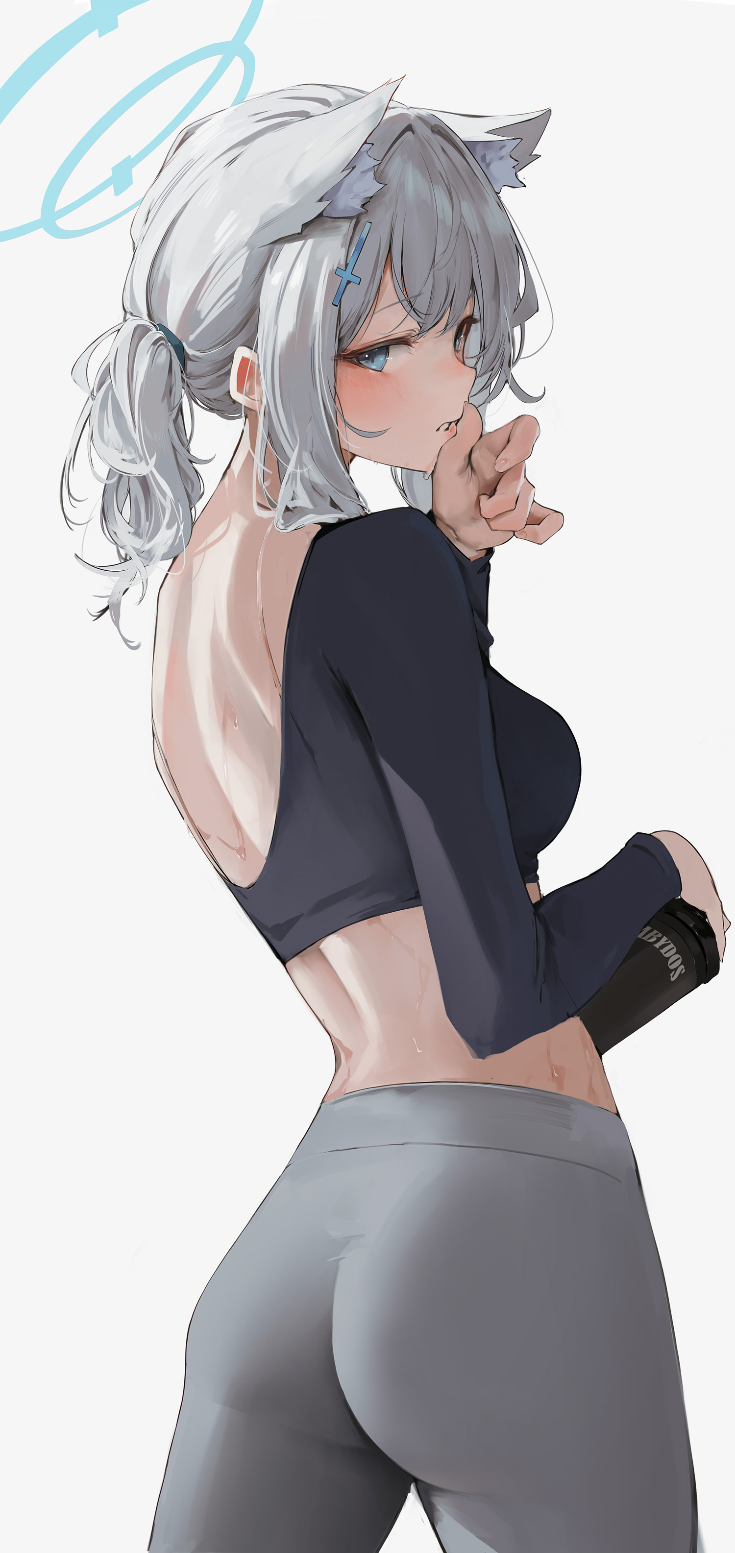 Anime 1500x3170 Blue Archive looking back portrait display yoga pants looking at viewer gray hair white background ass simple background sweat grey leggings blushing animal ears sportswear hair ornament sidelocks Hiki Niito parted lips backless sweaty body long hair blue eyes Shiroko (Blue Archive) no bra boobs ponytail wet