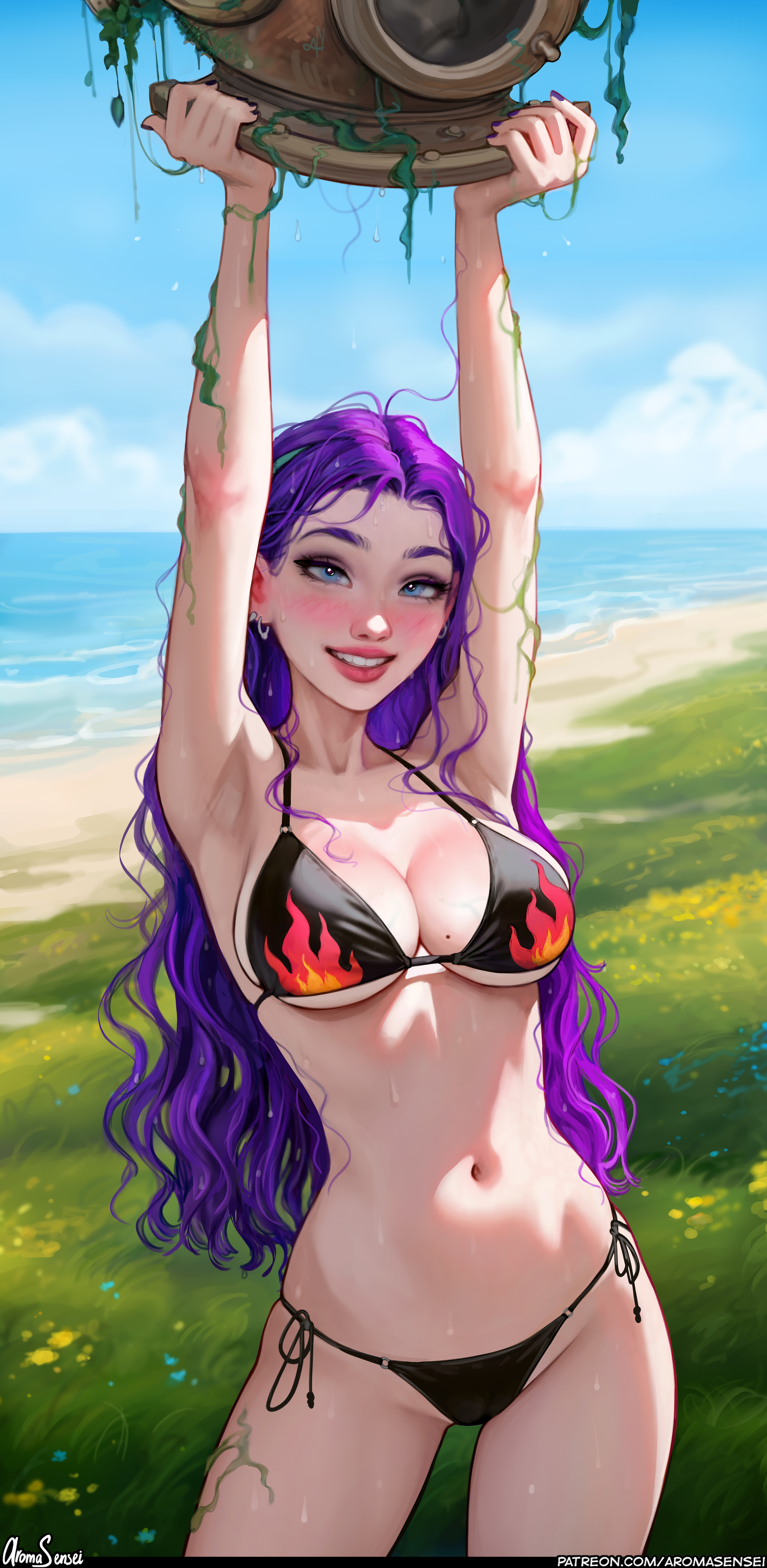 General 3703x7571 Abigail (Stardew Valley) video game girls artwork drawing fan art swimwear Aroma Sensei belly button frontal view standing cleavage arms up bikini sky painted nails wet body wet hair long hair purple hair watermarked women on beach boobs Stardew Valley sunlight video games slim body parted lips collarbone water ear piercing skinny hips grass outdoors women outdoors teeth looking at viewer blushing portrait display smiling armpits