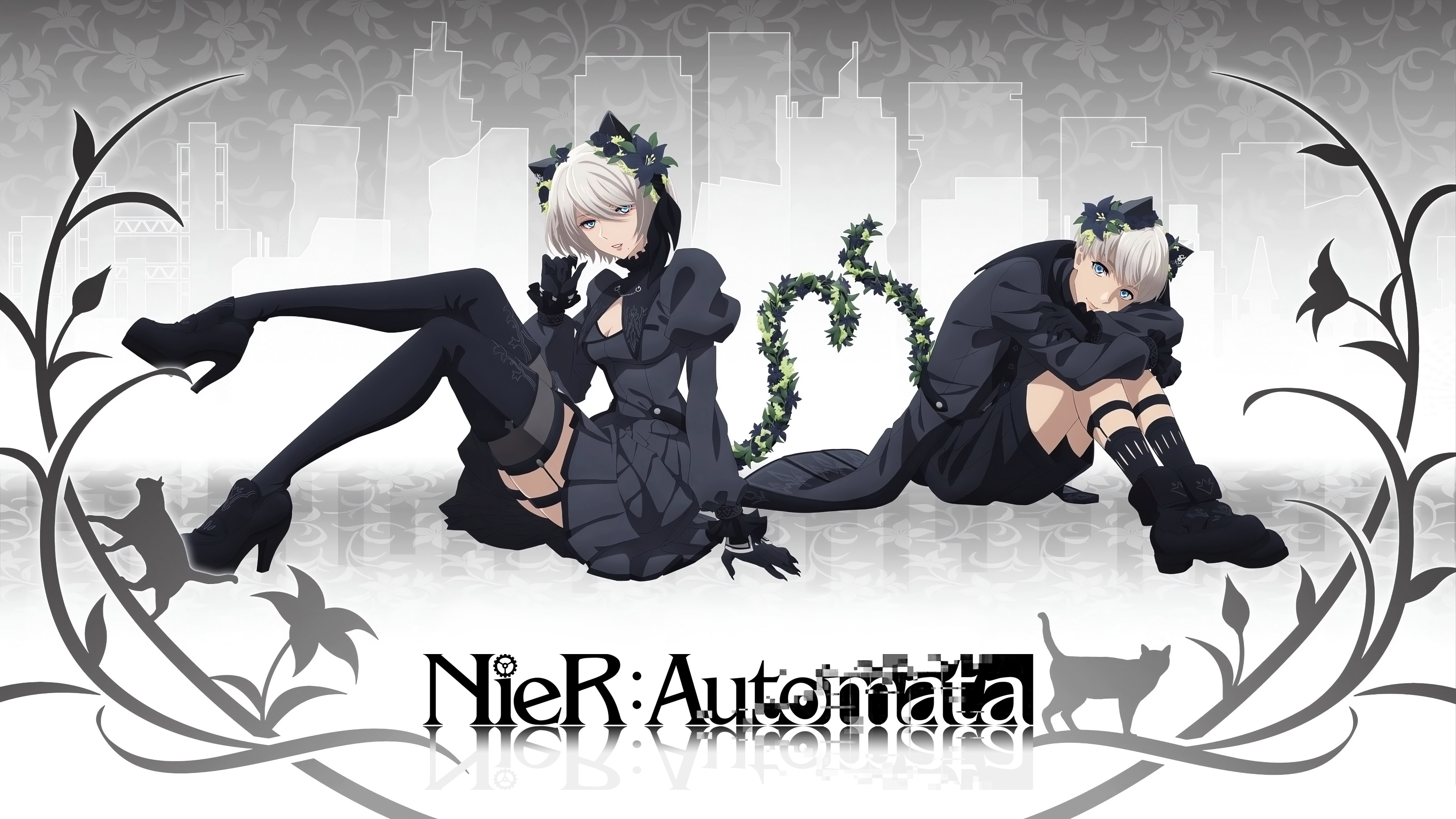 Anime 3100x1743 Nier: Automata 2B (Nier: Automata) 9S (Nier: Automata) black dress flowers smiling silver hair anime girls anime boys black clothing sitting short hair looking at viewer moles mole under mouth black thigh highs cats thigh-highs long sleeves thigh high boots leaves video game characters flower in hair cat ears cat tail cat girl cat boy hair between eyes