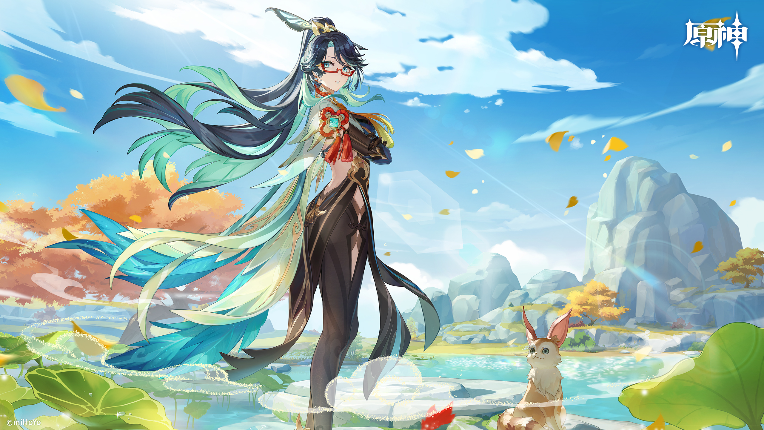 Anime 2560x1440 Genshin Impact long hair Xianyun (Genshin Impact) looking back two tone hair looking at viewer ponytail hair ornament red glasses turquoise eyes water lilies long sleeves parted lips standing women outdoors clouds sky water leaves trees gloves