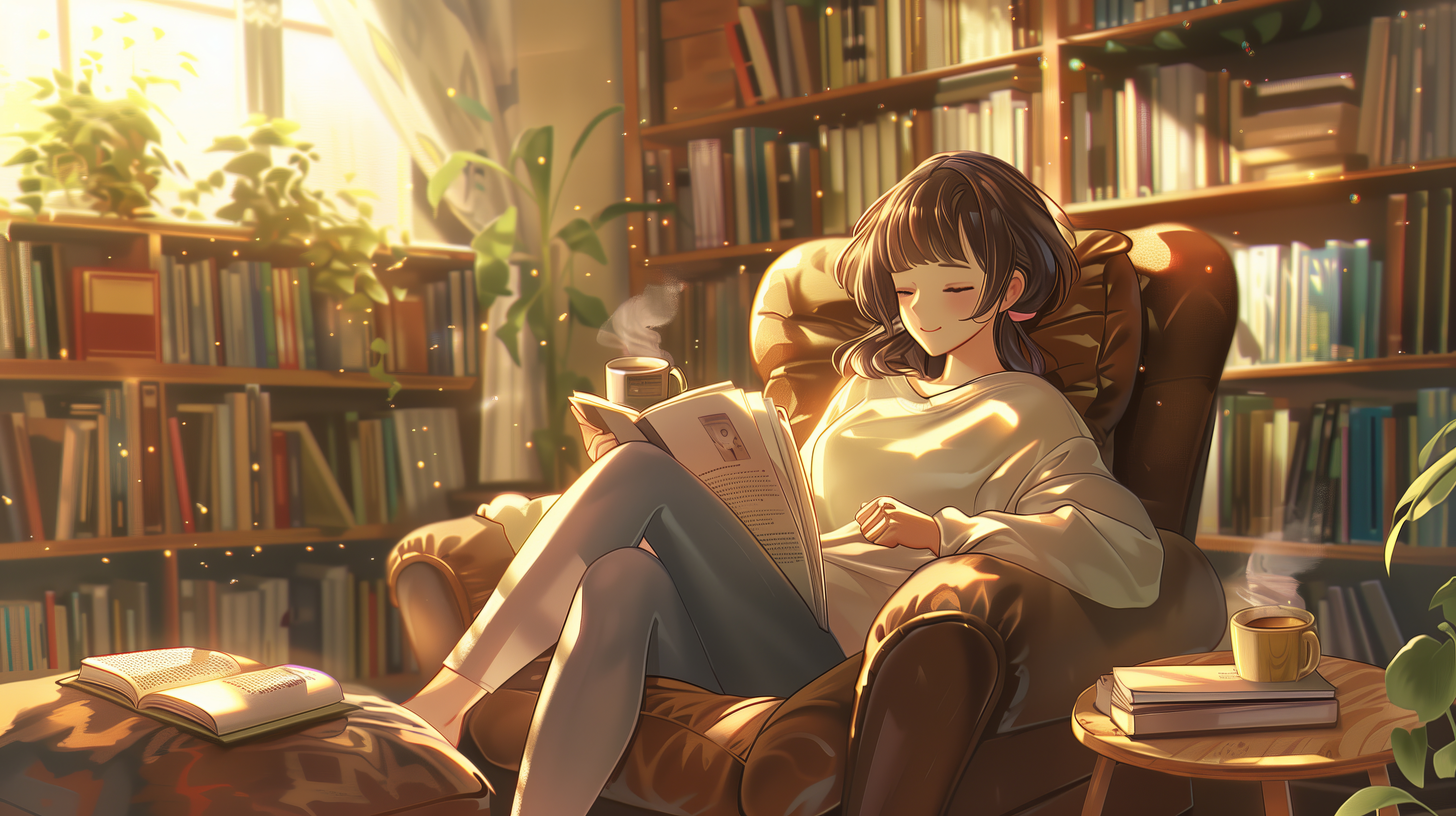 Anime 5824x3264 AI art anime anime girls illustration women armchair library sitting drinking tea reading plants bookshelves books legs crossed smiling closed eyes brunette