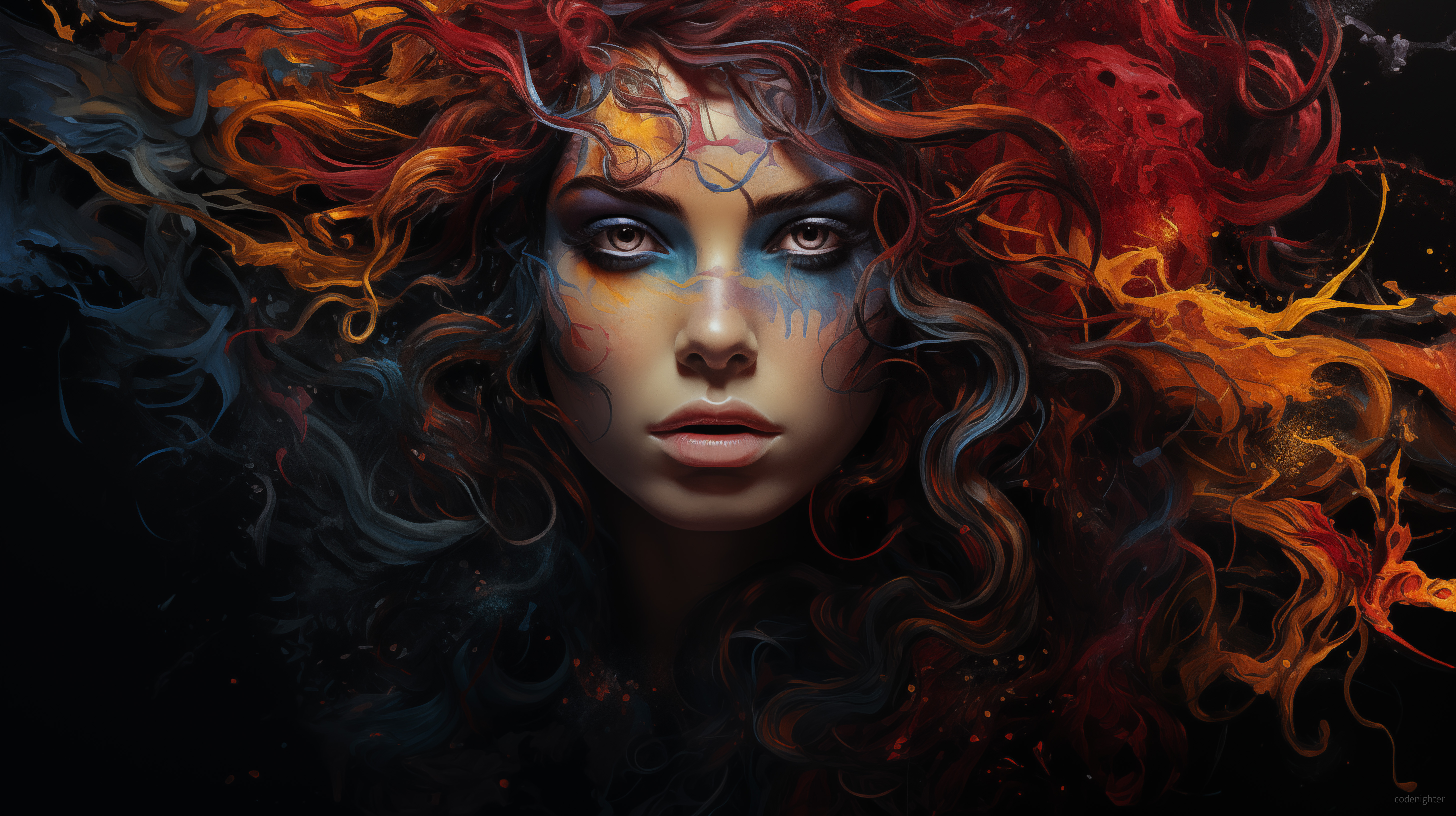 General 5824x3264 AI art digital art digital painting women portrait Medusa looking at viewer long hair parted lips frontal view face black background juicy lips