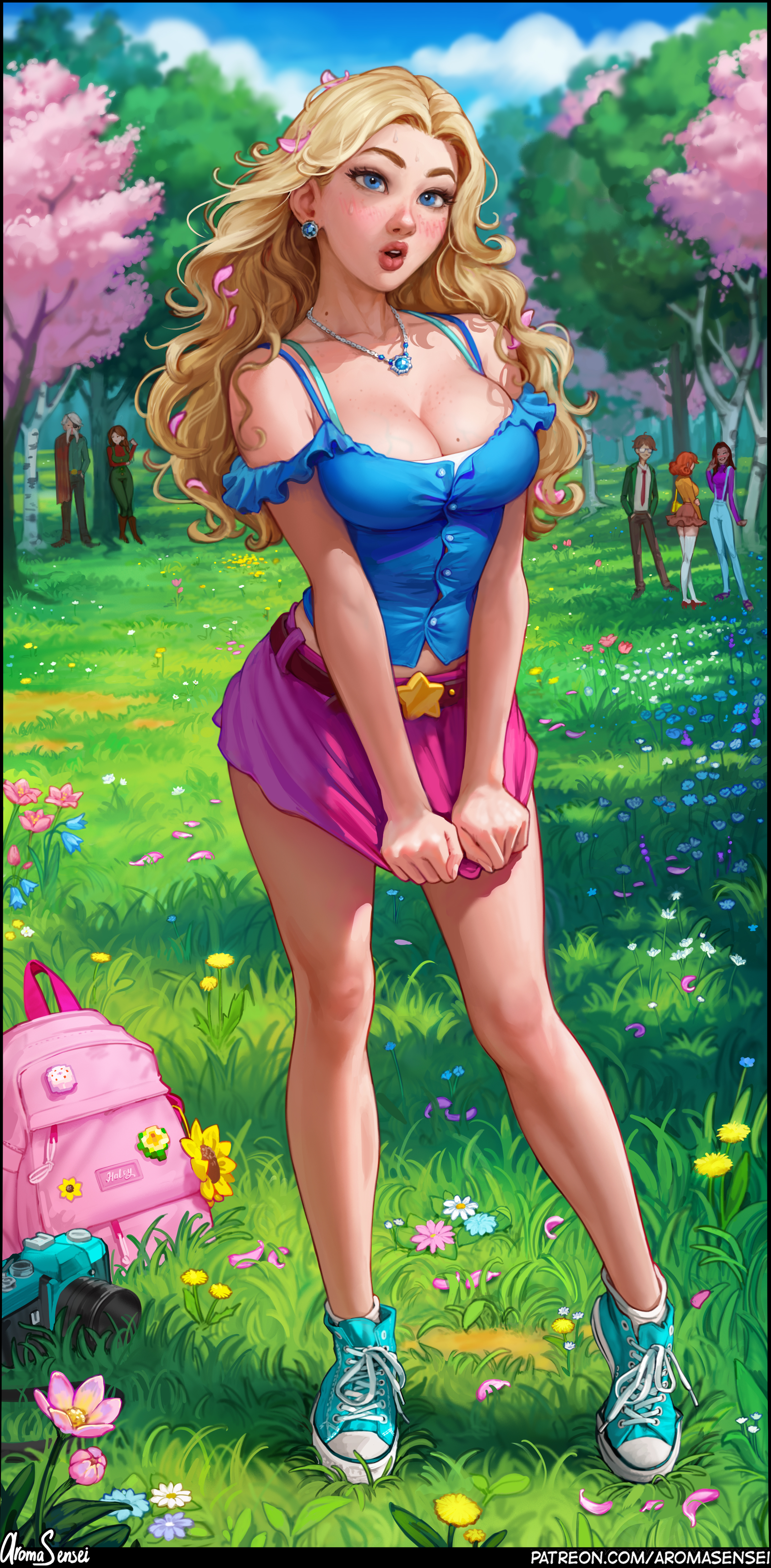 General 2454x4992 Haley (Stardew Valley) video game girls blonde artwork drawing fan art Aroma Sensei blushing cleavage miniskirt blue tops Stardew Valley spring video games outdoors frontal view spread legs long hair open mouth looking at viewer grass sneakers blue eyes watermarked necklace skirt portrait display sunlight digital art