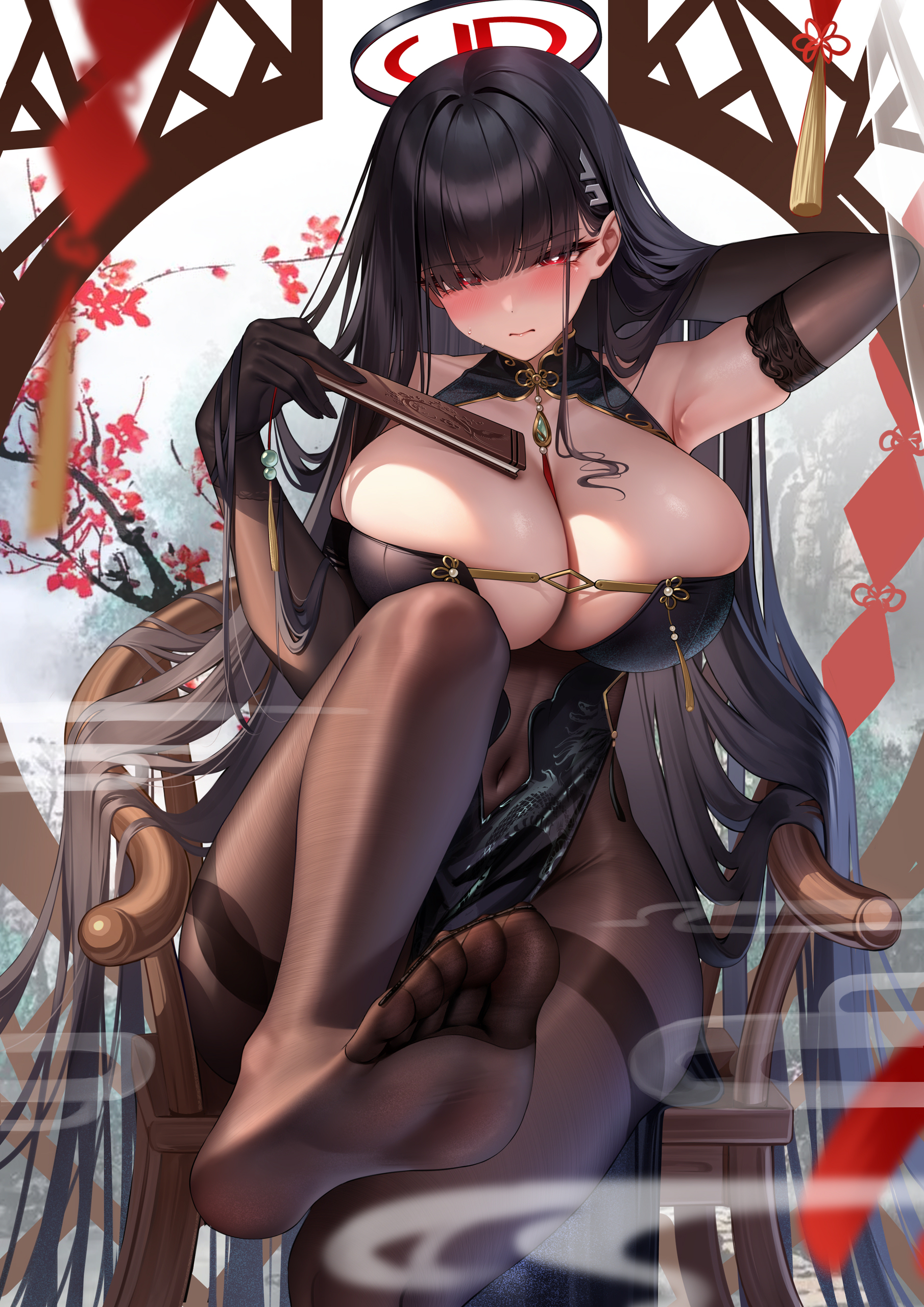 Anime 1810x2560 Blue Archive huge breasts Tsukatsuki Rio black hair portrait display pantyhose black pantyhose armpits looking at viewer red eyes black dress elbow gloves long hair closed mouth sitting alternate costume black clothing hair clip hair ornament cleavage one arm up sleeveless blushing black gloves arm(s) behind head feet smiling women outdoors anime girls blunt bangs MeloN fans dress chair gloves