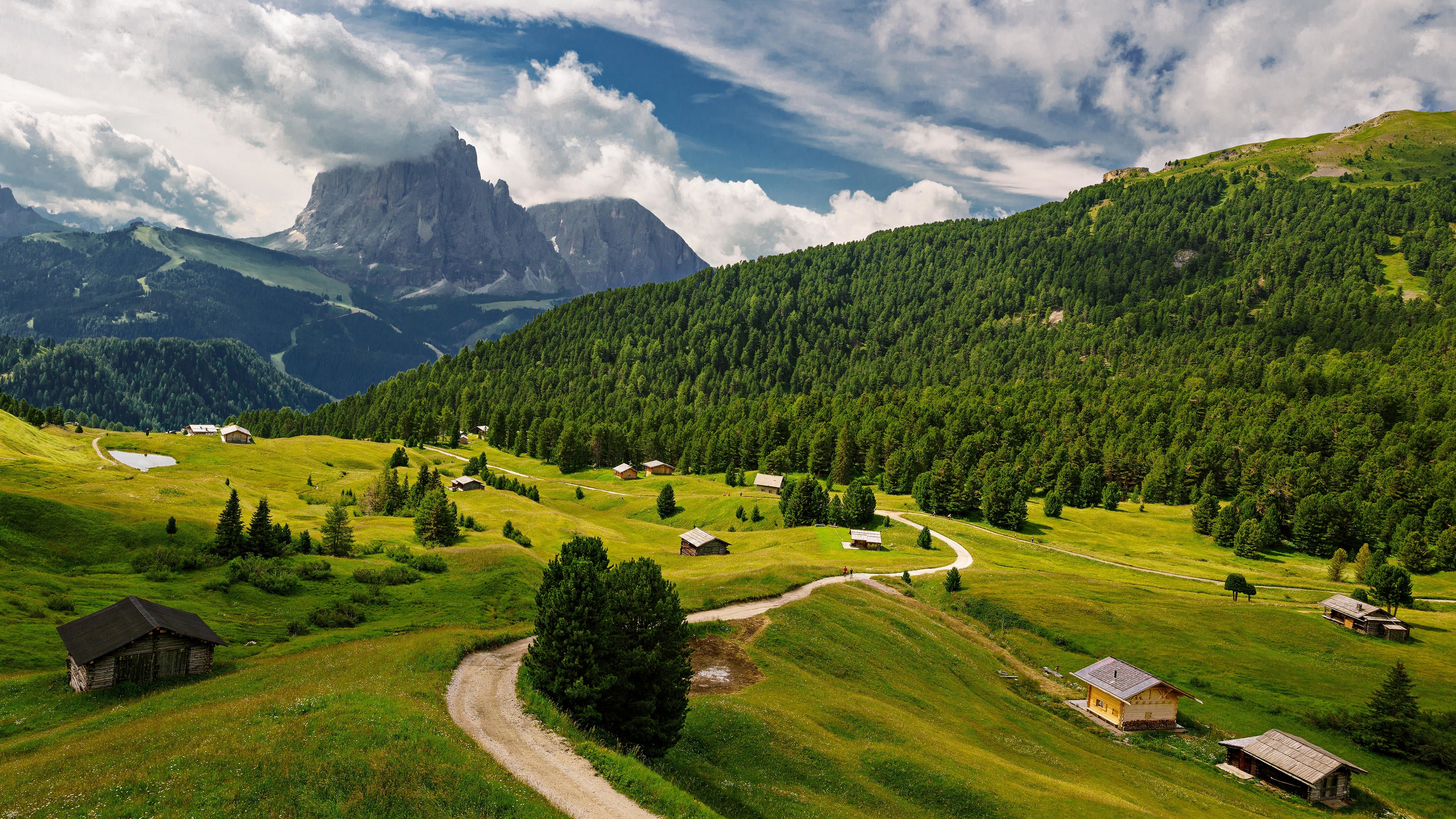 General 3840x2160 Italy nature landscape field house forest mountains sky clouds dirt road Dolomites