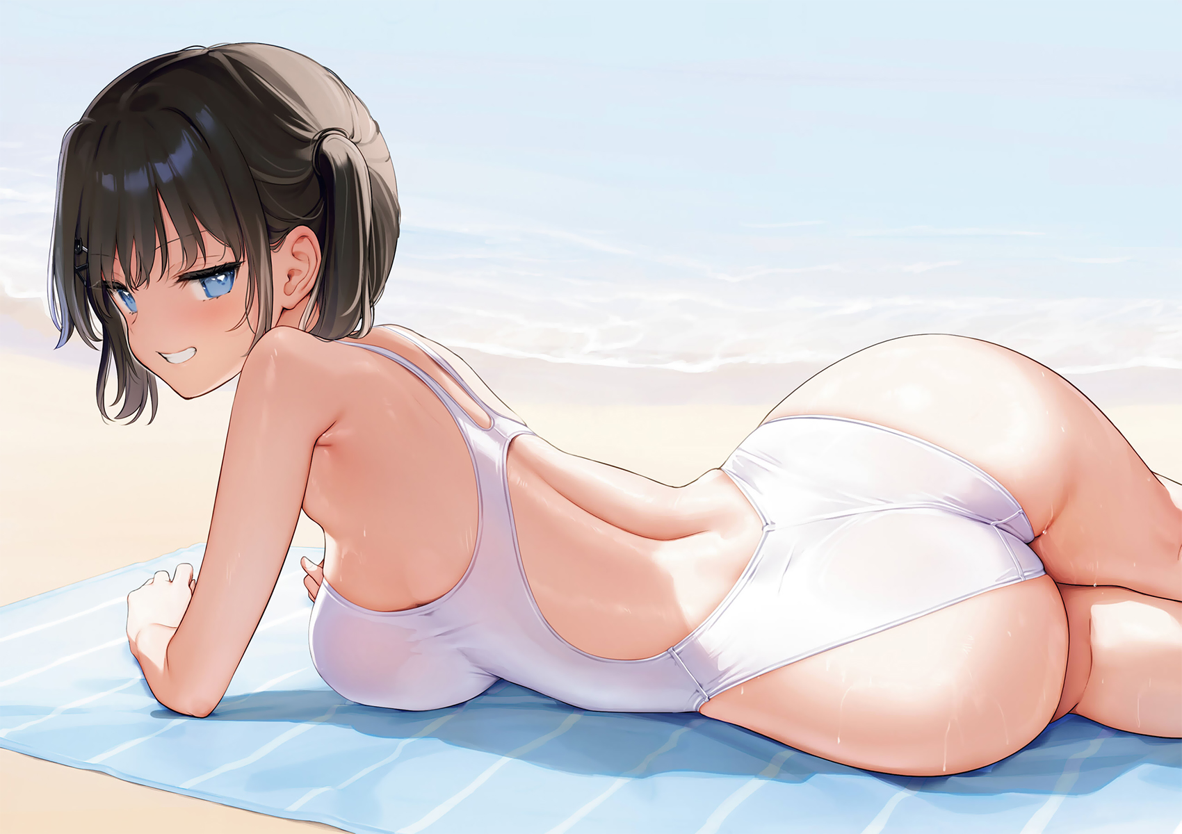 Anime 1700x1200 Mignon (artist) blue eyes one-piece swimsuit beach women on beach twintails women outdoors blushing lying down beach towel looking at viewer sideboob looking back lying on side black hair wet swimsuit Oshiego (Mignon) towel wet body bare shoulders hair ornament hair clip wet water sea waves huge breasts ass white swimsuit smiling back sky anime girls anime