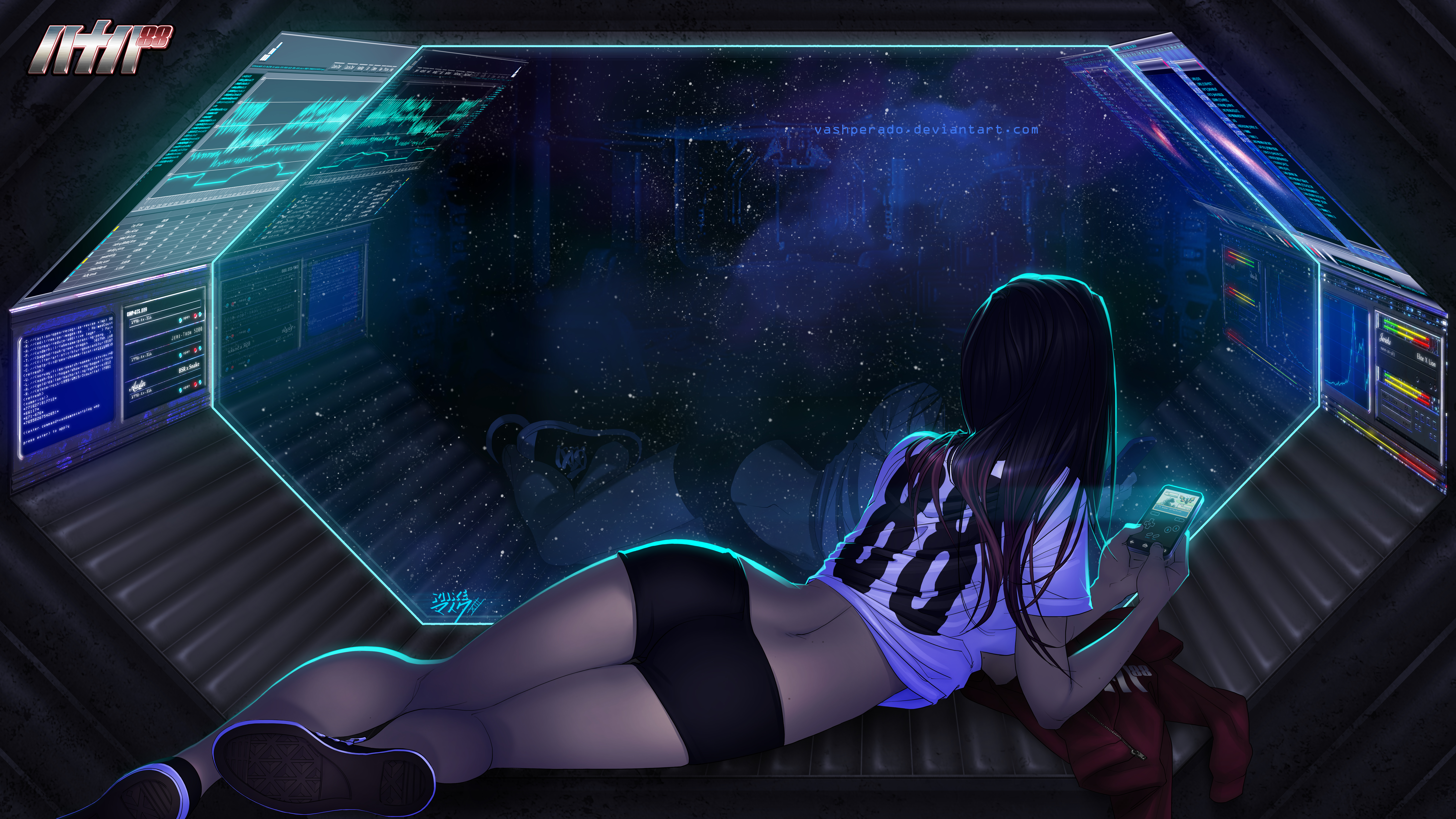 General 7680x4320 88 chan long hair spaceship space galaxy technology shorts stars loneliness dark drawing space out digital art