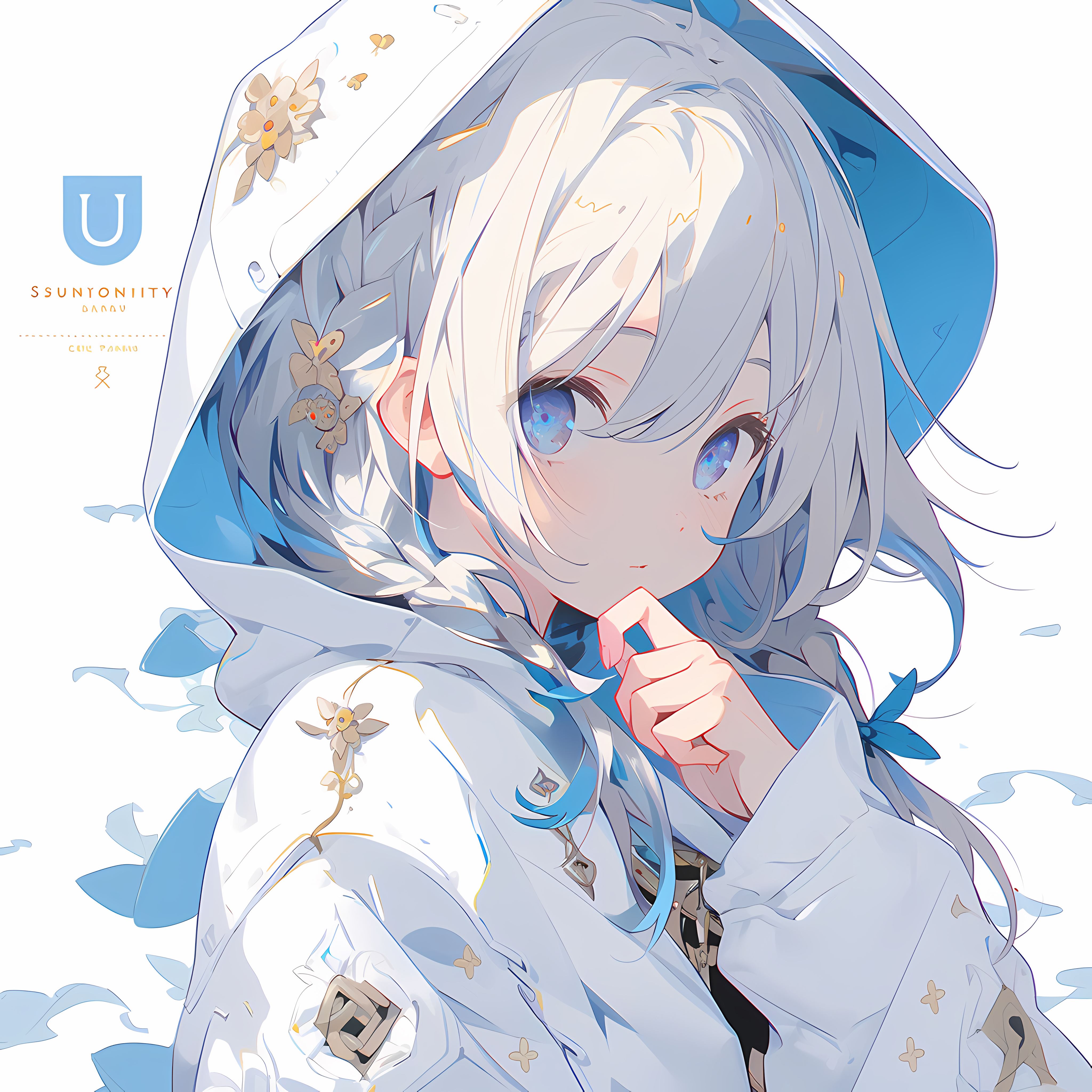 Anime 4096x4096 anime girls two tone hair blue eyes looking at viewer hoods AI art