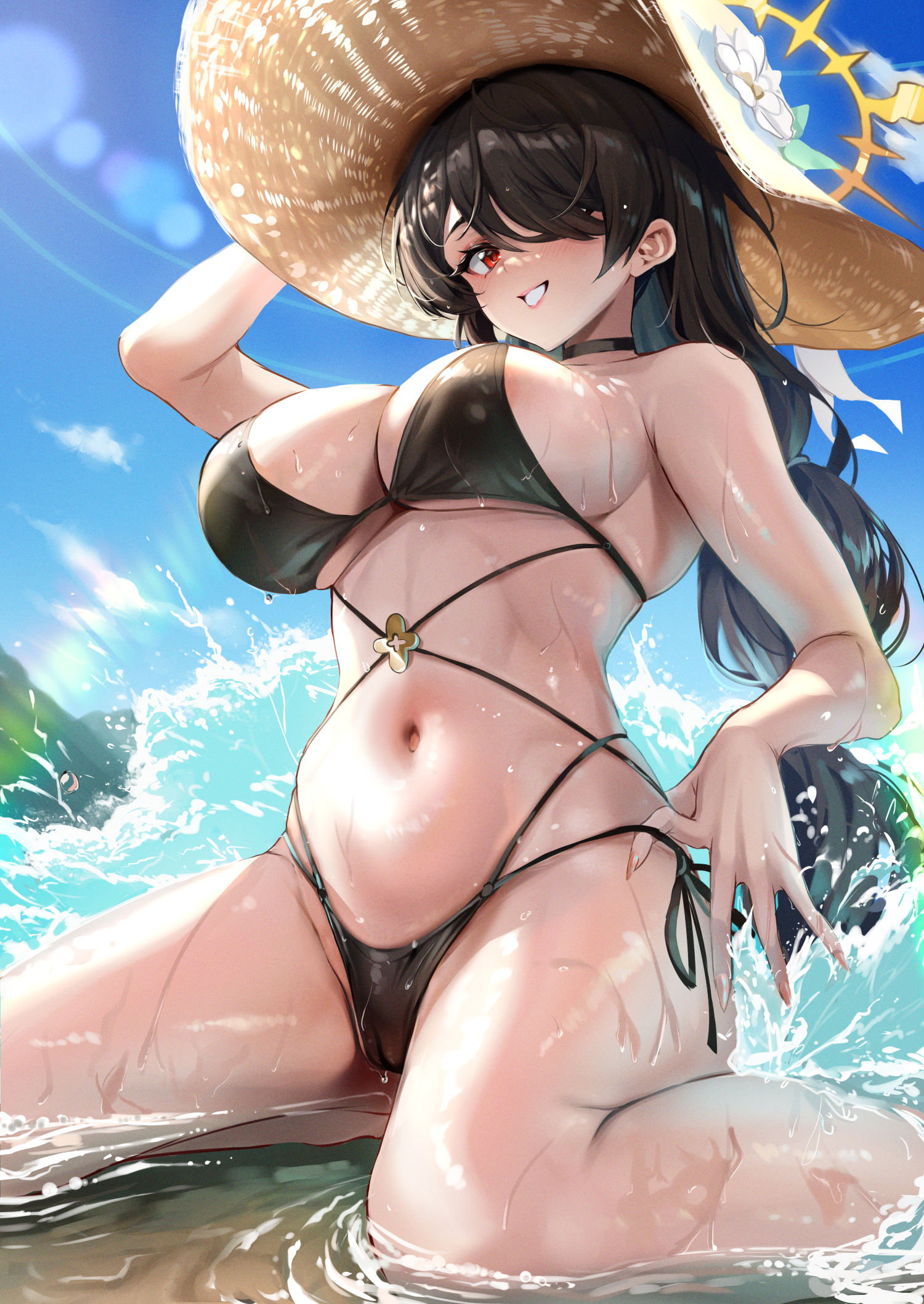 Anime 1500x2117 Blue Archive swimwear anime girls portrait display sling bikini outdoors water belly button black bikinis black hair bikini hair over one eye lens flare one arm up red eyes parted lips sun hats straw hat huge breasts cleavage long hair smiling kneeling looking at viewer choker women outdoors Hinata (Blue Archive) sky wet body wet swimsuit ksorede water drops splashes thighs wet clouds belly hat