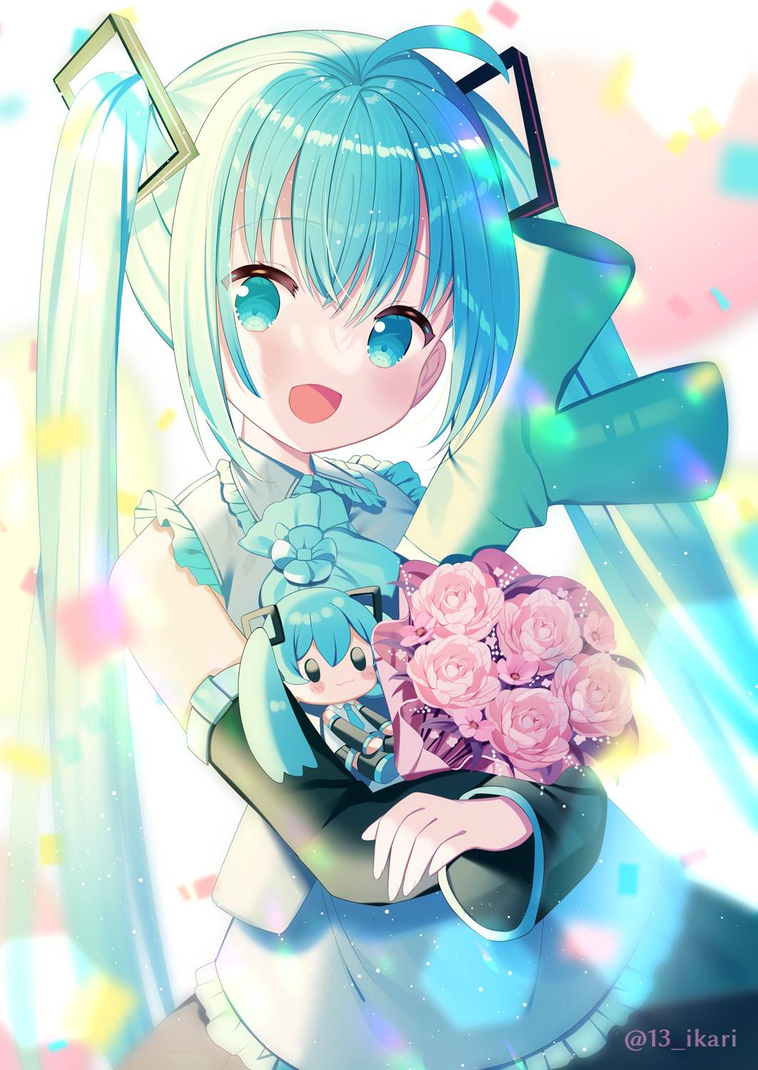 Anime 1063x1500 anime girls skirt portrait display flowers Hatsune Miku Vocaloid watermarked twintails blue hair blue eyes looking at viewer long hair open mouth confetti