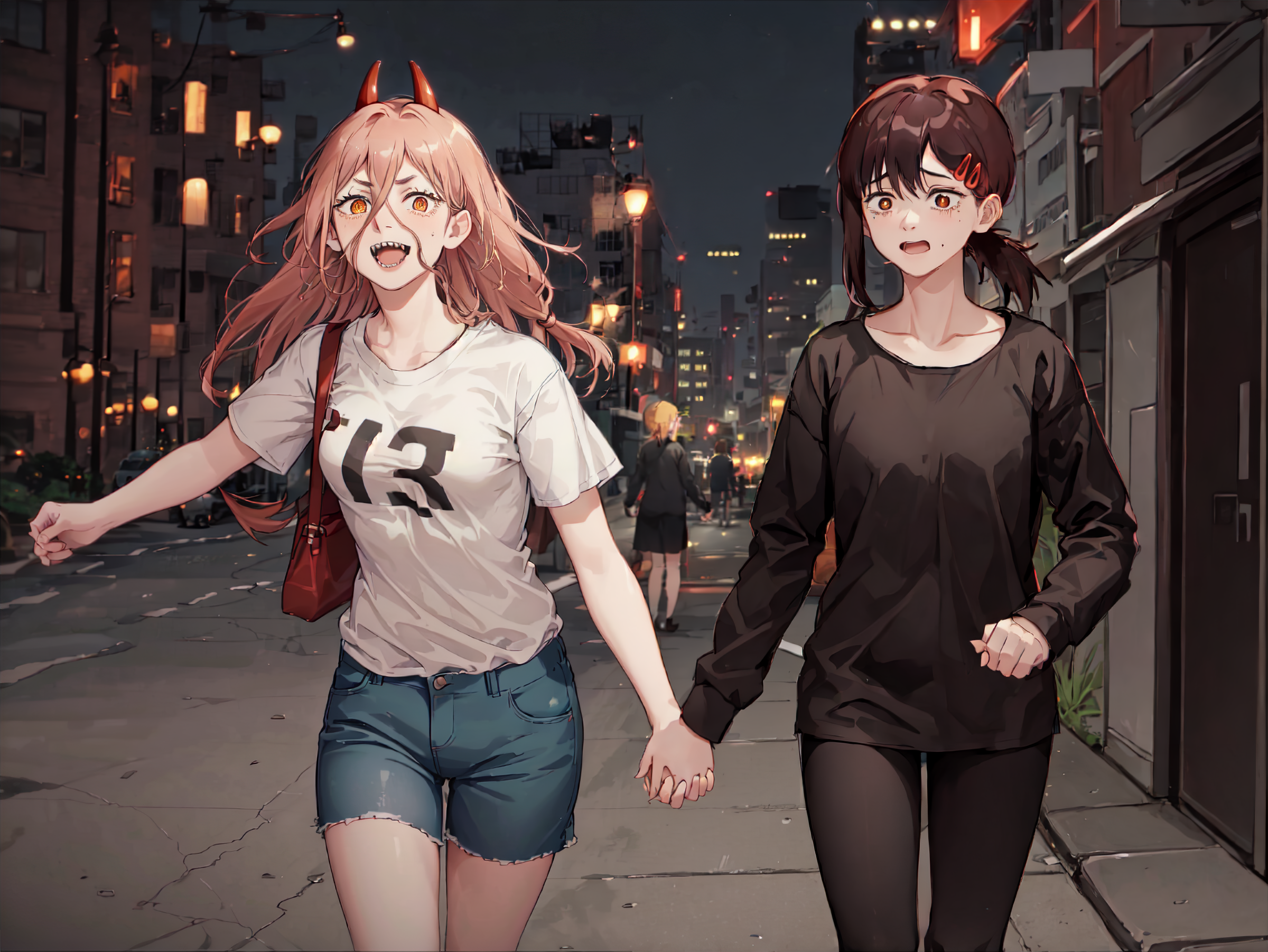 Anime 2400x1802 Kobeni (Chainsaw Man) Power (Chainsaw Man) Chainsaw Man AI art short clothes bag anime girls standing open mouth building pointy teeth long hair looking at viewer purse holding hands city city lights horns digital art T-shirt