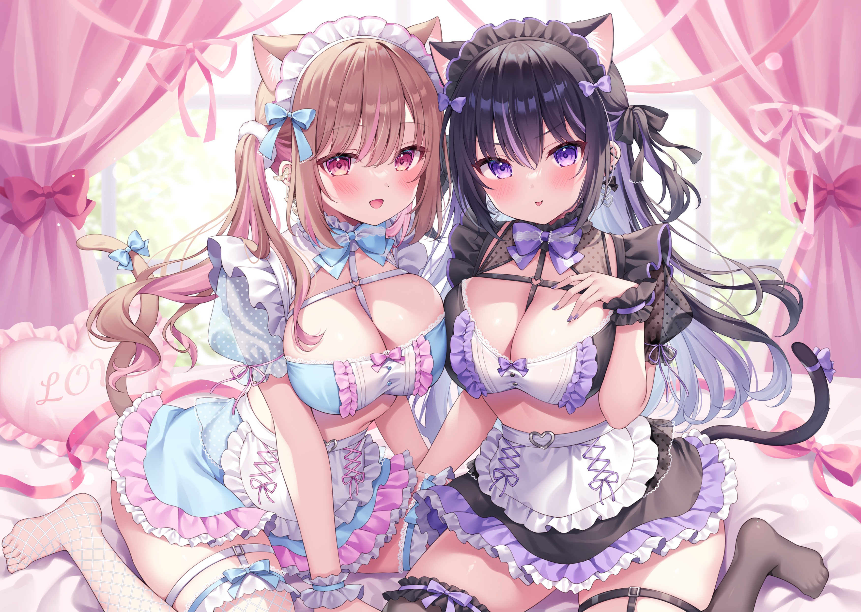 Anime 3500x2489 anime anime girls cleavage cat girl cat ears cat tail big boobs blushing looking at viewer maid maid outfit fishnet two tone hair earring bow tie pillow long hair twintails