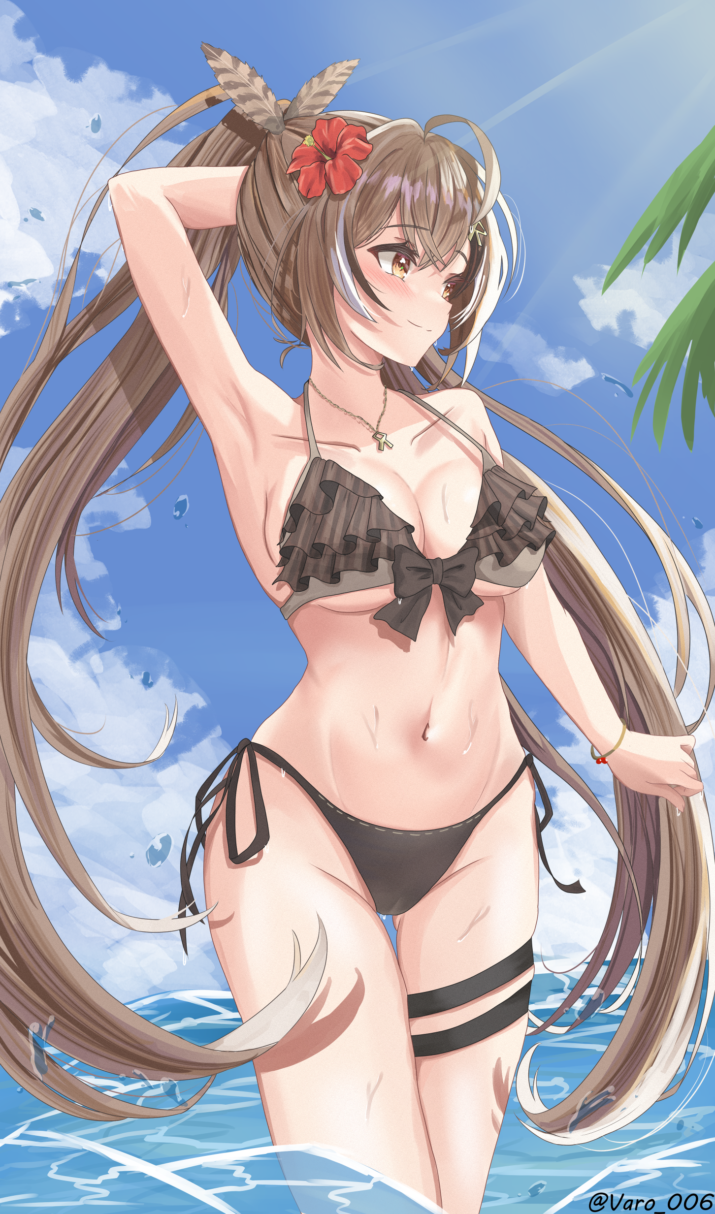 Anime 1452x2466 Hololive Nanashi Mumei anime girls portrait display sunlight twintails flower in hair water standing in water bikini wet wet body cleavage thighs sky clouds looking away blushing brunette brown eyes big boobs long hair necklace watermarked leaves Varo_006 hibiscus armpits
