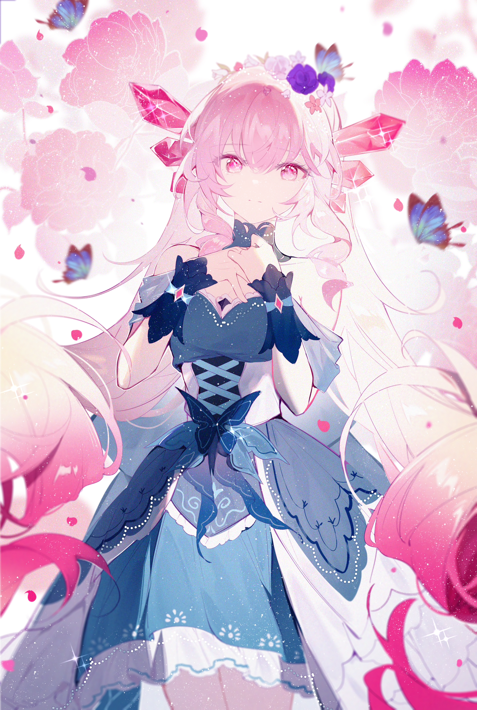 Anime 1814x2701 Pixiv anime anime girls portrait display long hair smiling pink hair pink eyes looking at viewer dress butterfly insect flowers flower in hair
