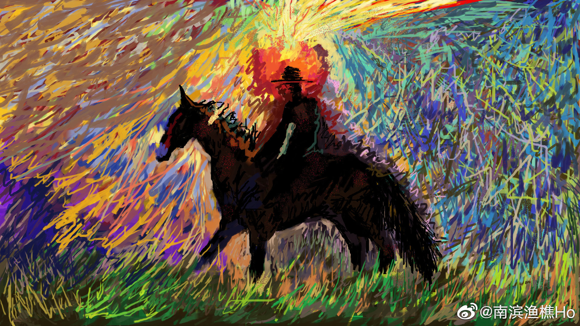 General 1920x1080 digital painting modern sun rays landscape nature painting artwork digital art watermarked cowboy horseback horse riding