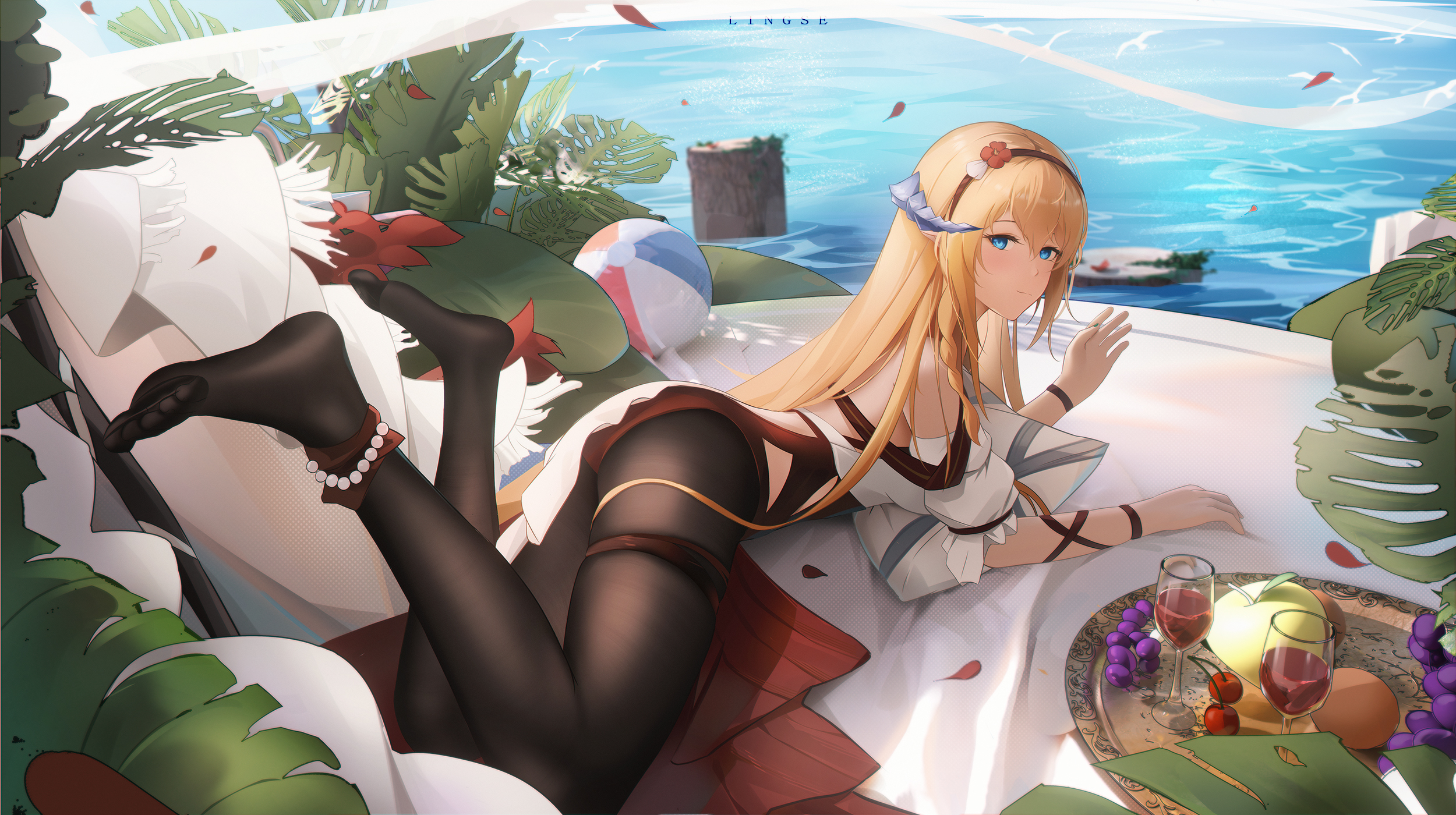 Anime 2500x1400 anime anime girls lying down lying on front pantyhose fruit wine glass wine glass water looking at viewer long hair feet blonde blue eyes leaves beach ball cherries grapes petals flower in hair