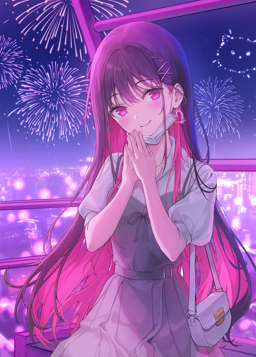 Anime 1077x1500 anime anime girls two tone hair long hair purse fireworks smiling mask standing looking at viewer city city lights moles mole under eye earring portrait display blushing