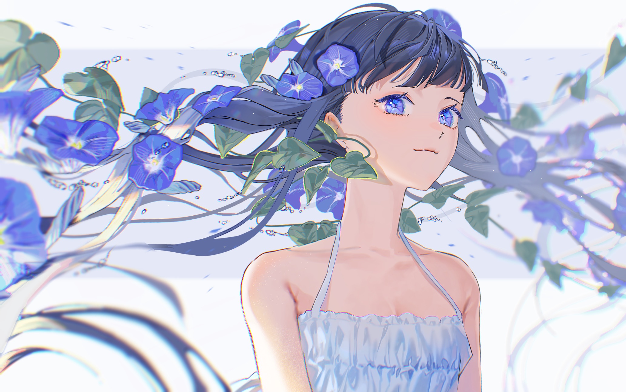 Anime 2066x1294 anime girls portrait display white dress sleeveless water drops purple eyes purple flowers leaves closed mouth plants smiling flower in hair simple background vines dress looking at viewer Umi (artist) flowers sun dress hair ornament blurry background
