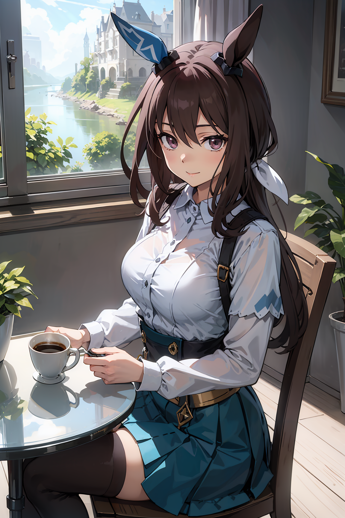 Anime 1152x1728 AI art anime anime girls Uma Musume Pretty Derby Admire Vega (Uma Musume) long hair brunette solo artwork digital art fan art sitting portrait display looking at viewer brown eyes leaves picture water sky clouds building cup drink smiling skirt stockings umamimi table chair reflection
