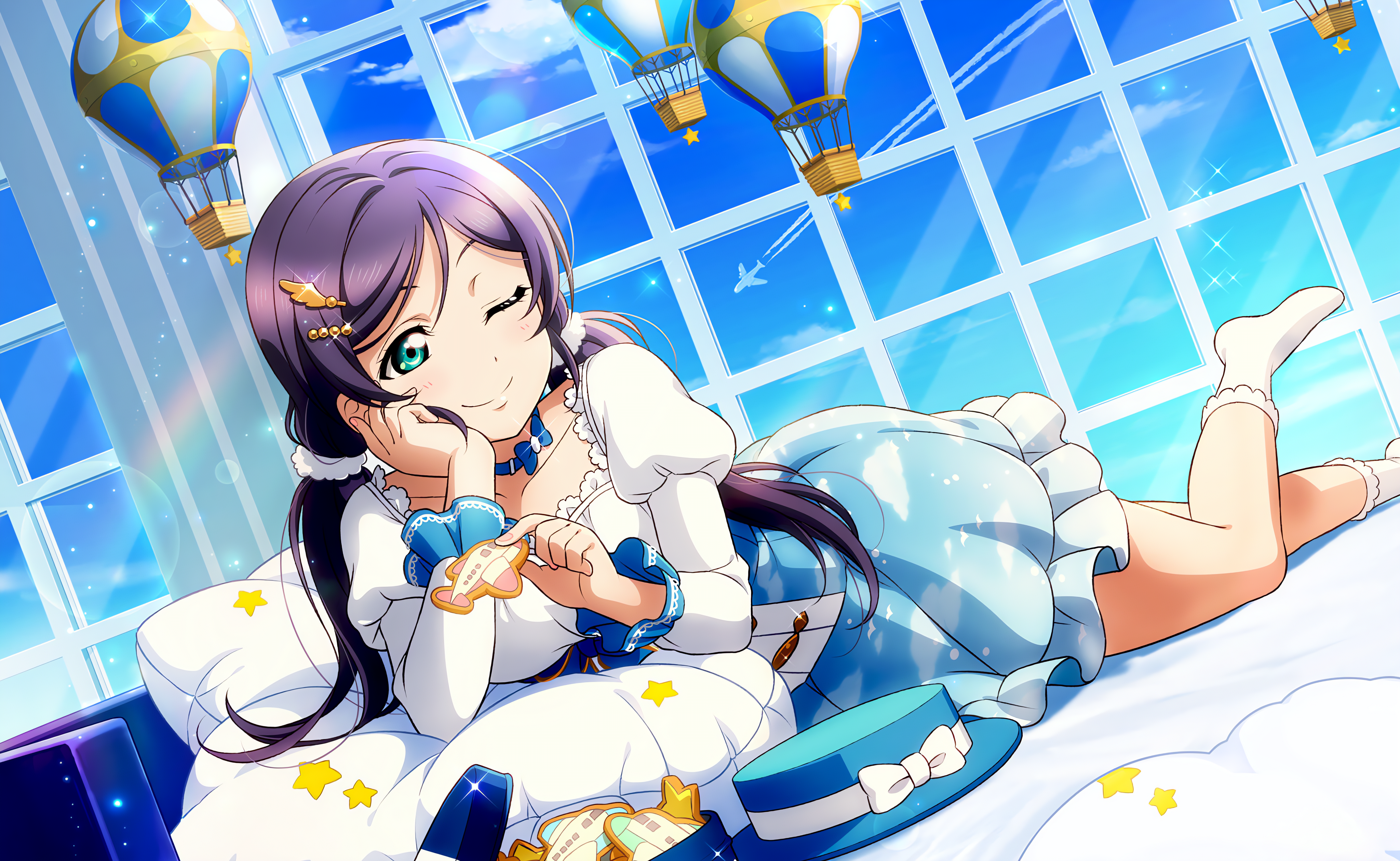 Anime 4096x2520 Toujou Nozomi Love Live! anime anime girls smiling one eye closed socks long hair twintails window sky clouds stars aircraft airplane hot air balloons pillow hat bow tie hand on face choker