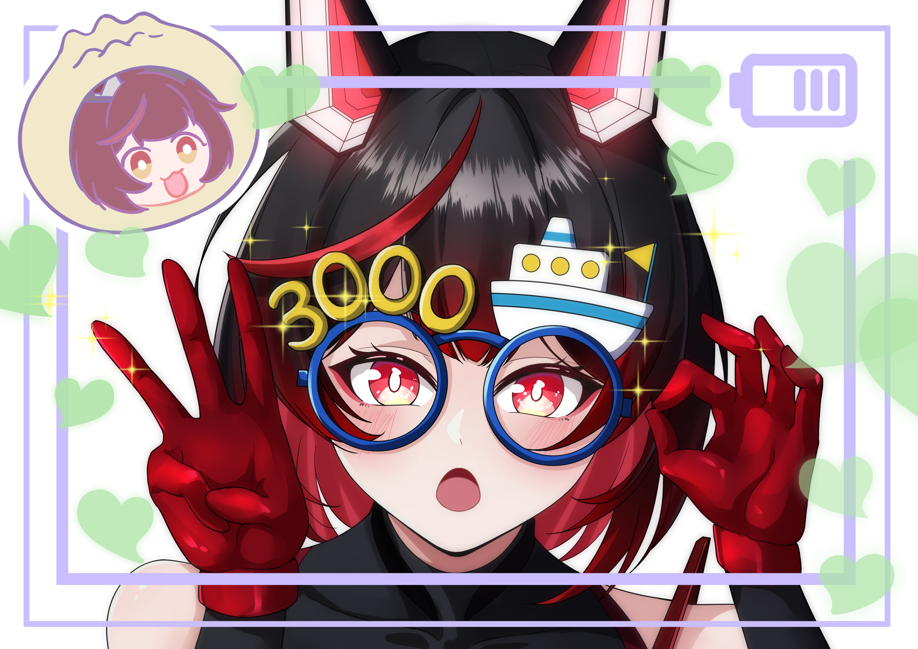 Anime 2970x2100 anime girls glasses blushing two tone hair red eyes gradient hair looking at viewer heart short hair open mouth gloves Republic of Gamers