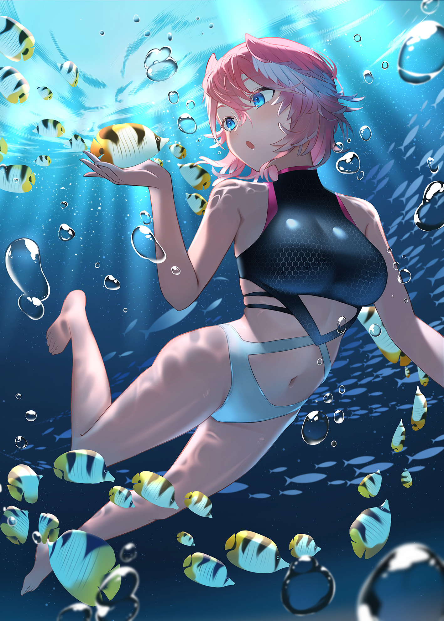 Anime 1417x1984 Hololive anime girls looking sideways fish underwater bubbles swimming tropical fish swimwear big boobs one-piece swimsuit feet gradient hair blue eyes belly button pink hair belly Virtual Youtuber Takane Lui eyelashes multi-colored hair toes two tone hair sunlight alternate costume thighs The Blue-Cheeked Butterflyfish animals skindentation water