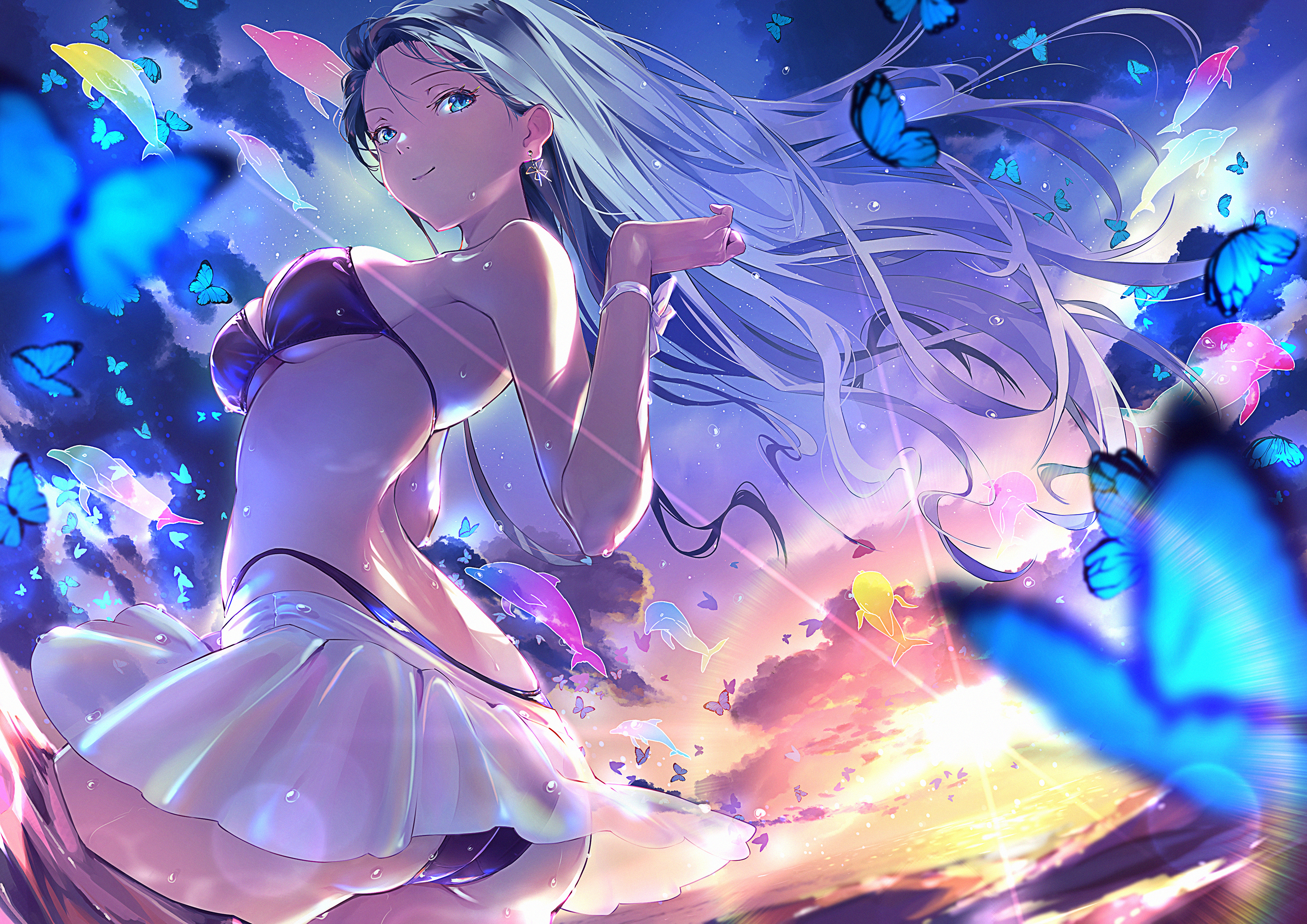 Anime 2560x1810 anime anime girls swimwear bikini ass butterfly insect sunset sunset glow sky clouds sunlight water long hair hair blowing in the wind smiling looking at viewer earring dolphin animals bracelets big boobs wet wet body Blue Butterflies