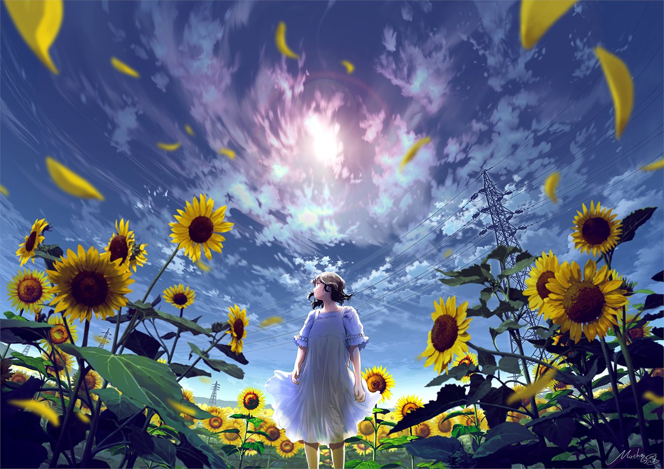 Anime 1349x954 Mocha anime girls low-angle white dress looking away dress looking sideways sky sunflowers black hair power lines flowers petals clouds short sleeves field short hair standing Sun windy leaves signature women outdoors hair blowing in the wind