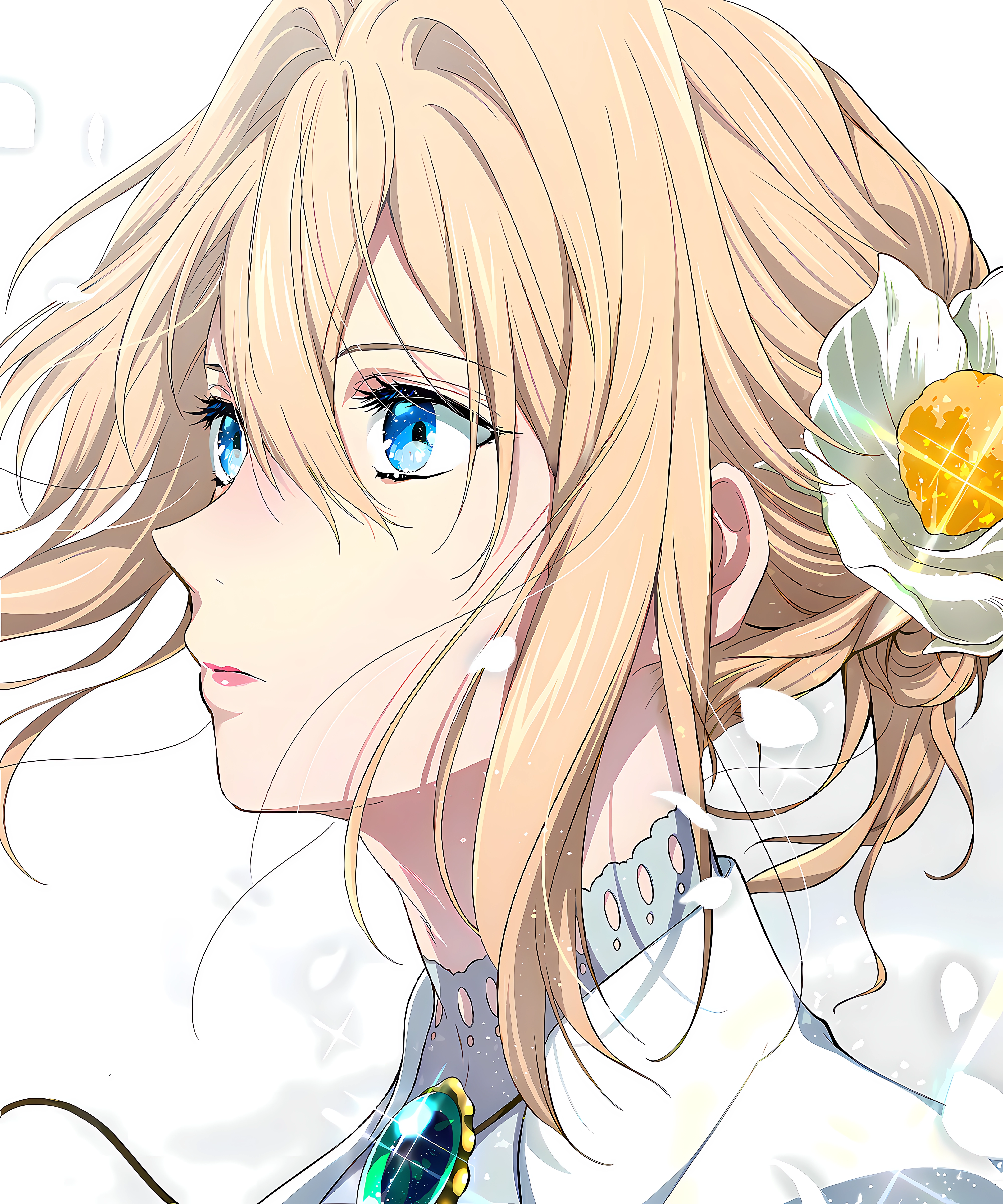 Anime 4000x4800 anime anime girls portrait display blonde Violet Evergarden (character) Violet Evergarden blue eyes looking away short hair flower in hair petals flowers minimalism simple background white background