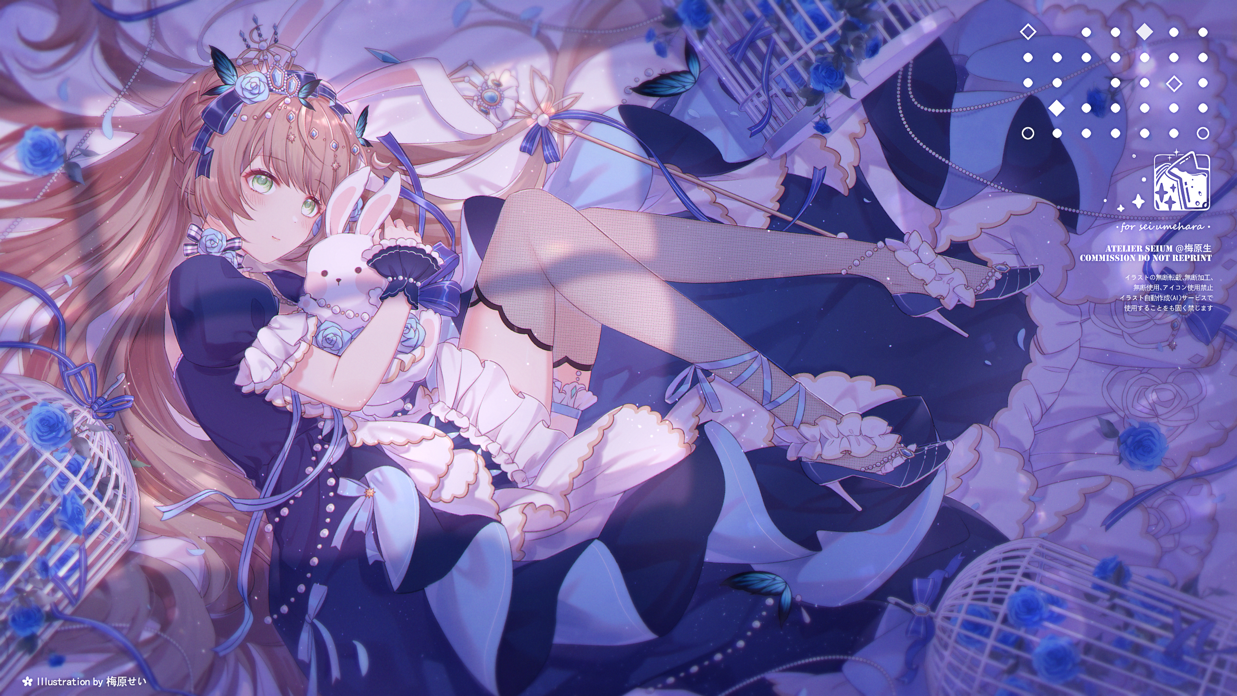 Anime 2489x1400 anime Pixiv anime girls long hair dress flower in hair flowers petals cages looking at viewer lying down lying on side watermarked Japanese blushing green eyes blonde heels bow tie butterfly digital art