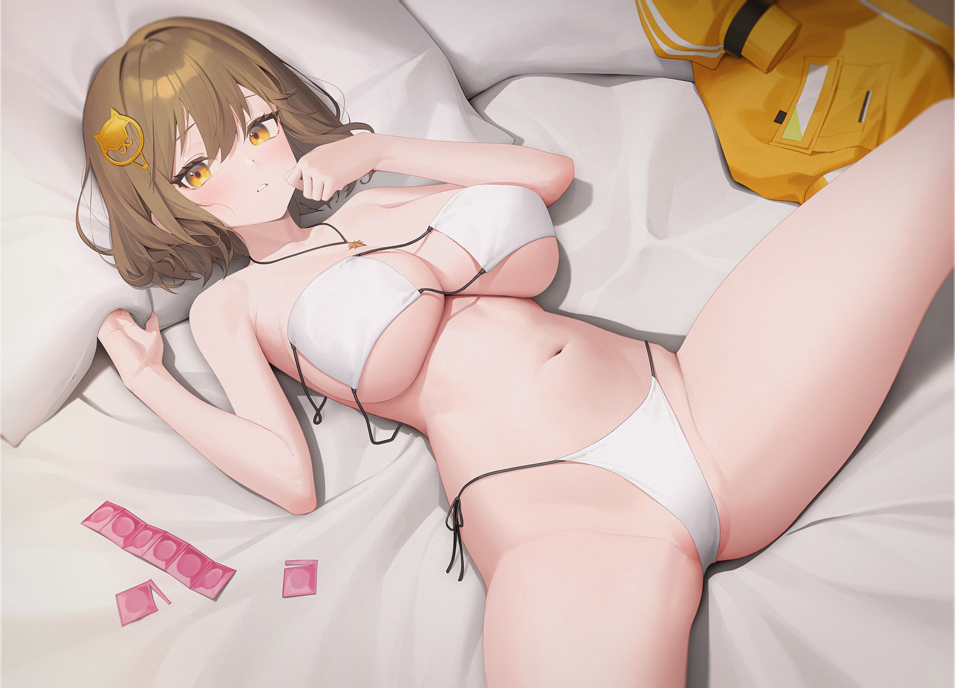 Anime 1875x1350 anime anime girls lying down lying on back condom swimwear bikini pillow big boobs looking at viewer blushing short hair brunette brown eyes spread legs necklace bed Anis (Nikke: The Goddess of Victory) Nikke: The Goddess of Victory