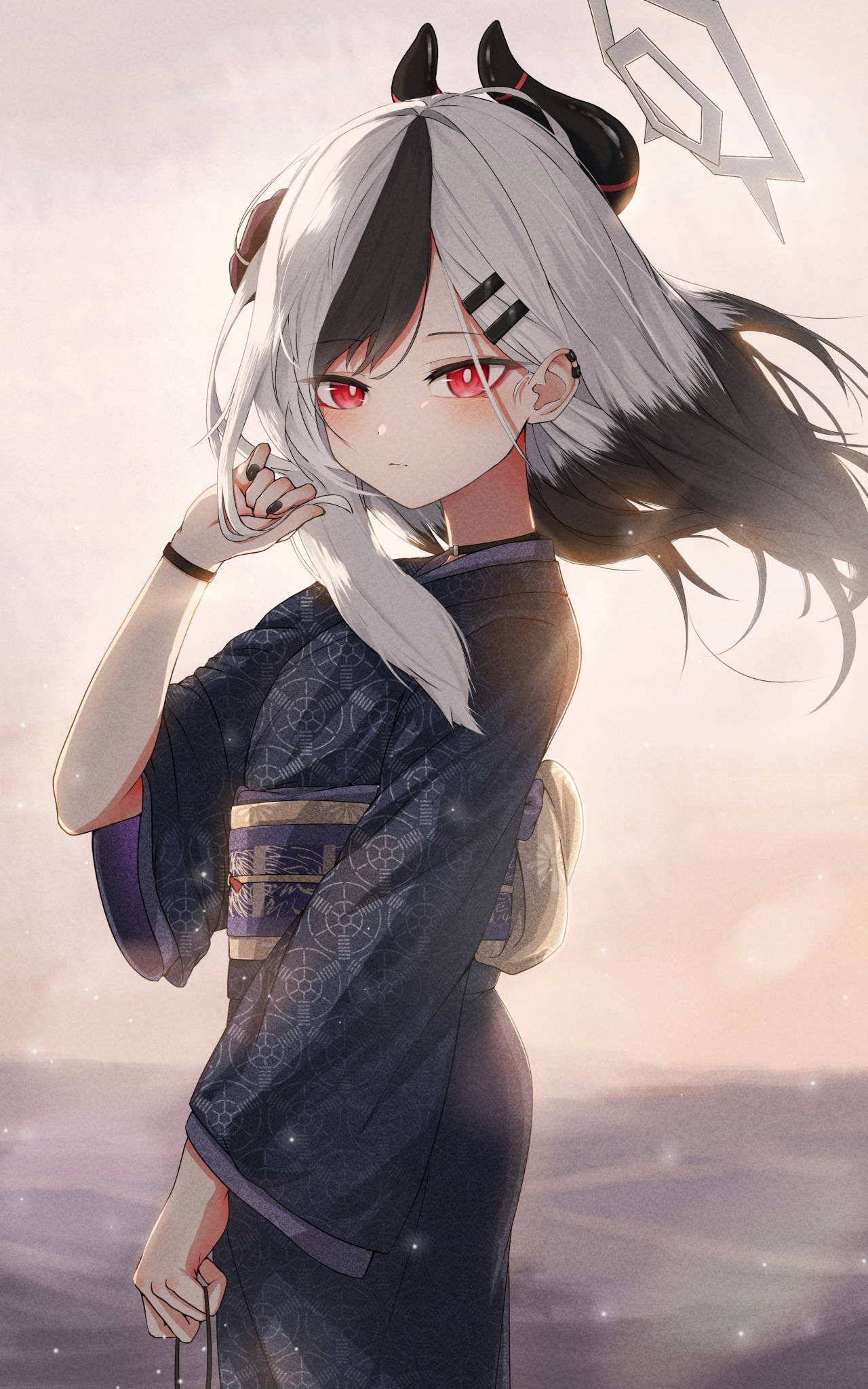 Anime 1280x2048 Blue Archive anime girls portrait display kimono Onikata Kayoko(Blue Archive) looking at viewer long hair hair blowing in the wind two tone hair red eyes horns bracelets