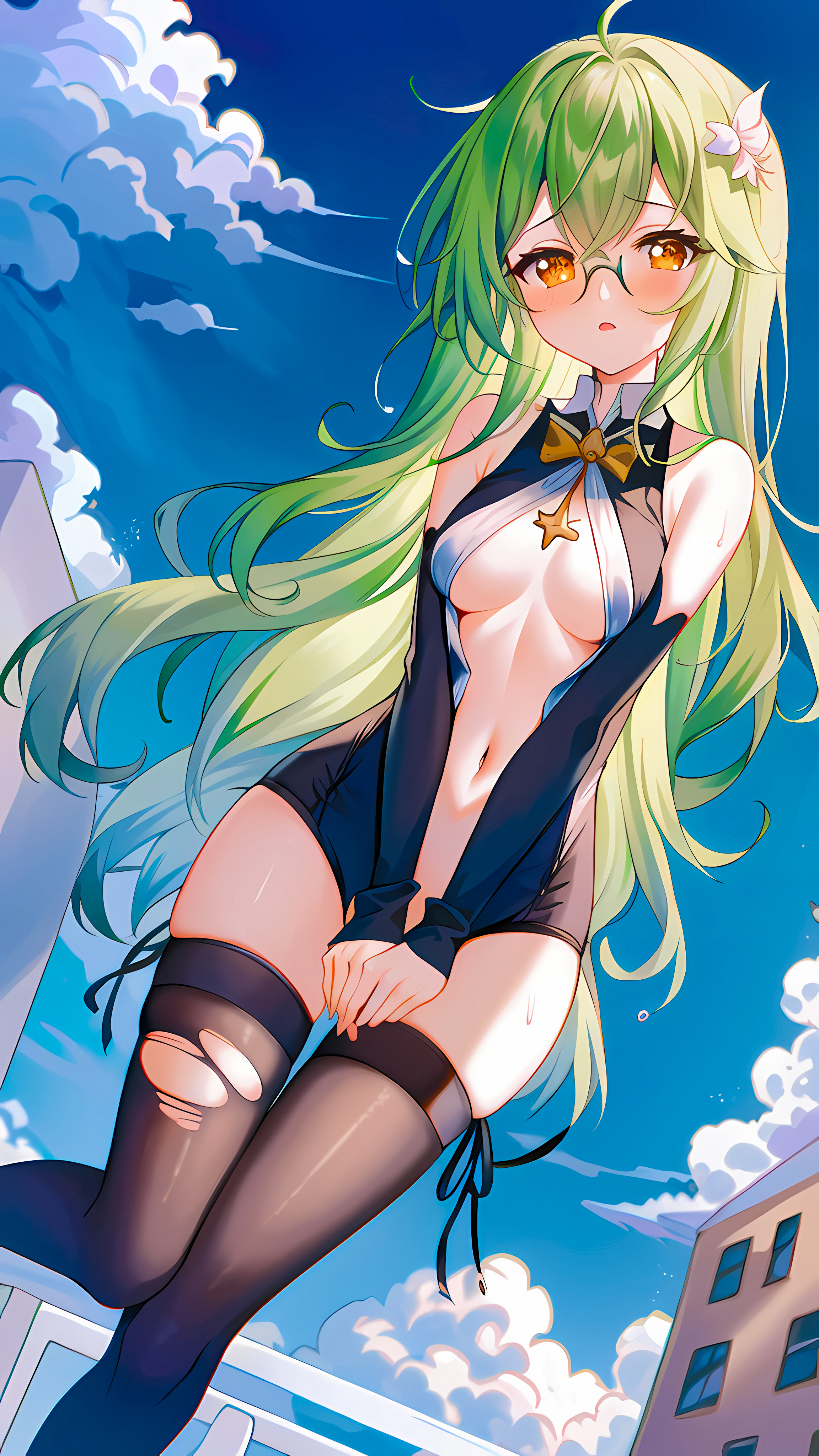 Anime 2304x4096 anime girls Genshin Impact Sucrose (Genshin Impact) glasses torn stockings clouds belly button portrait display stockings torn clothes flower in hair Chinese game